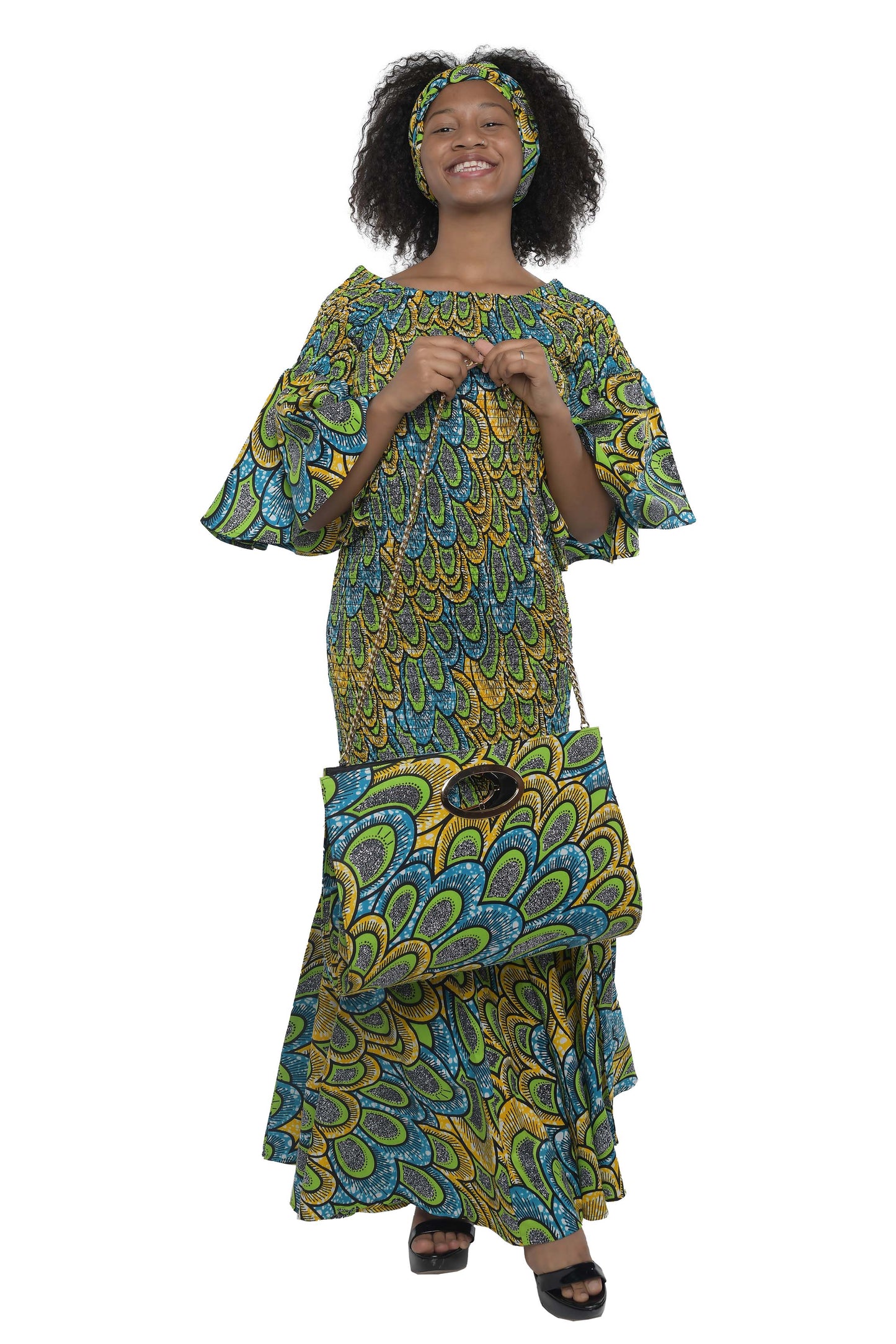 Long Smocked Mermaid Dress With Matching Handbag