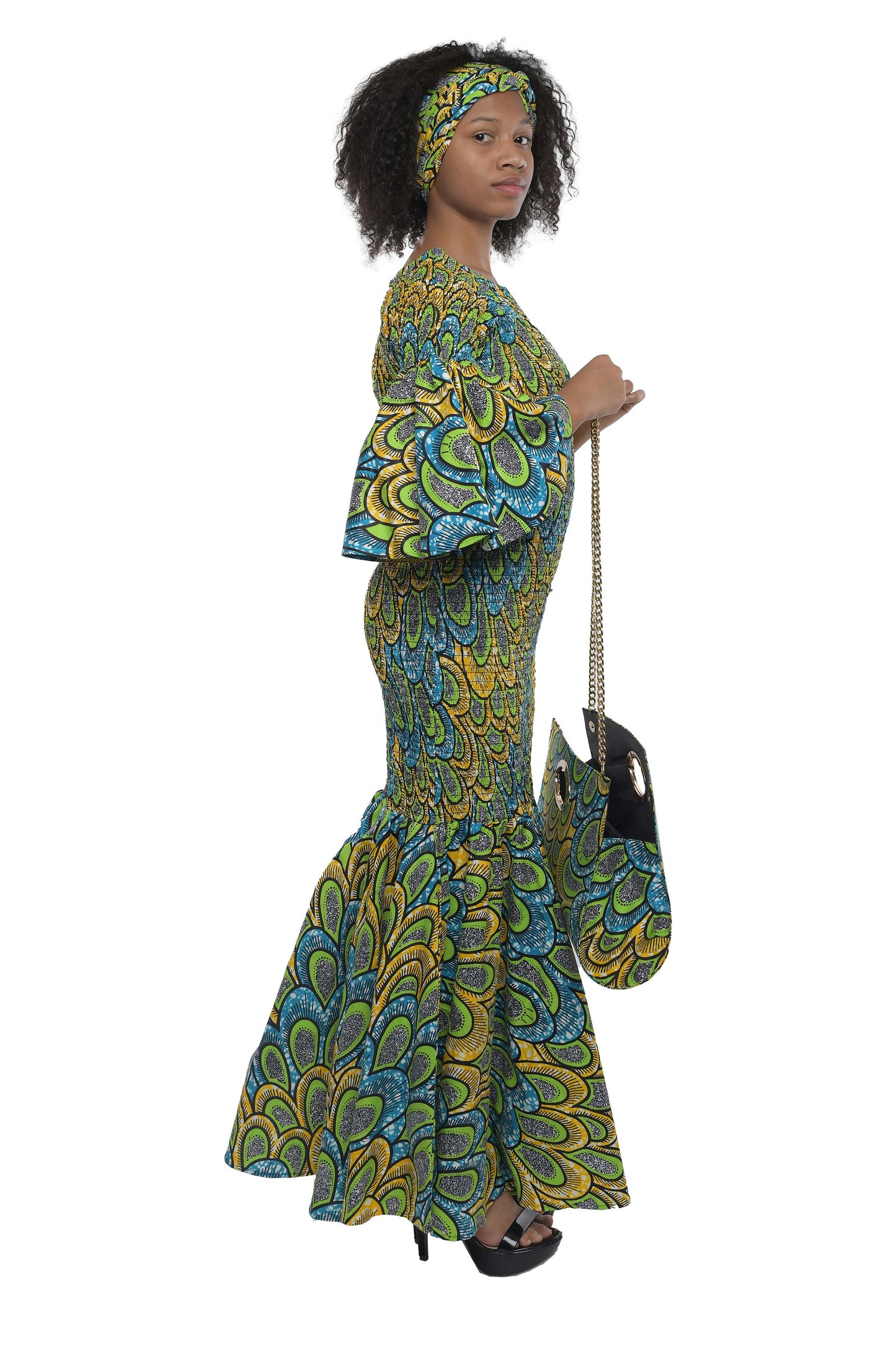 Long Smocked Mermaid Dress With Matching Handbag