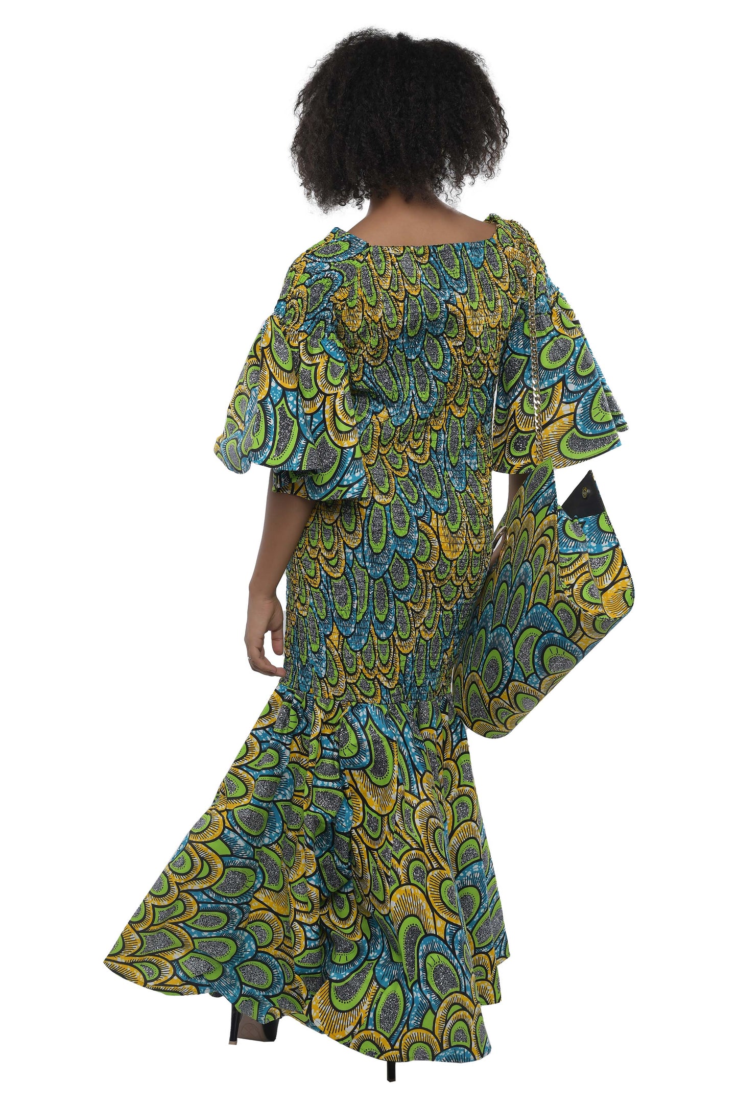 Long Smocked Mermaid Dress With Matching Handbag