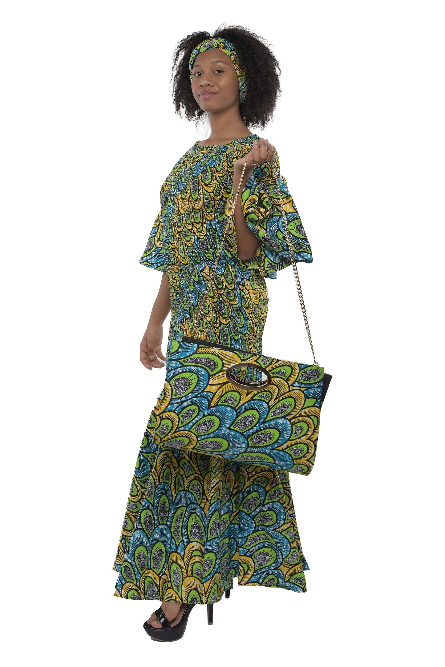 Long Smocked Mermaid Dress With Matching Handbag