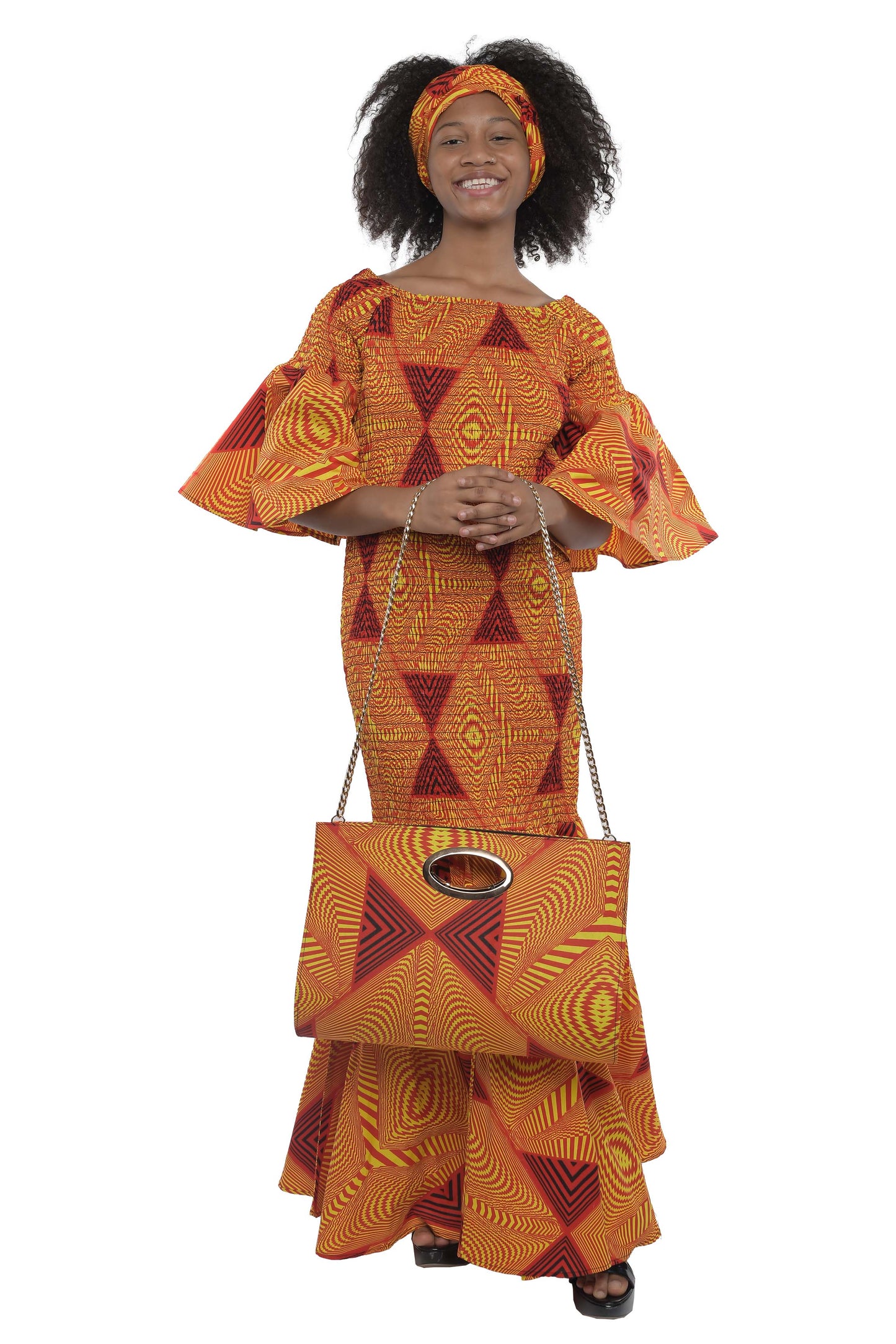 Long Smocked Mermaid Dress With Matching Handbag