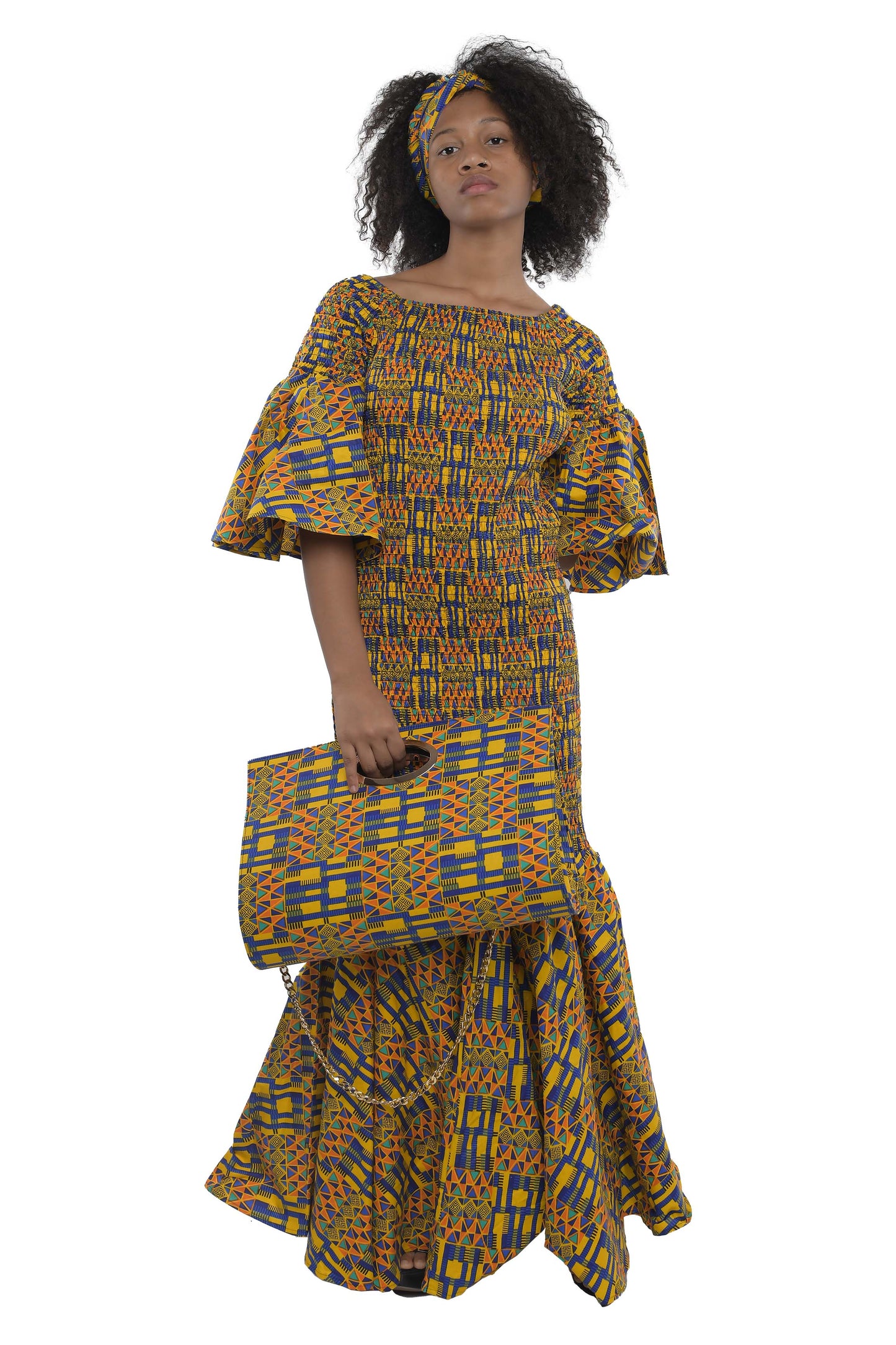 Long Smocked Mermaid Dress With Matching Handbag