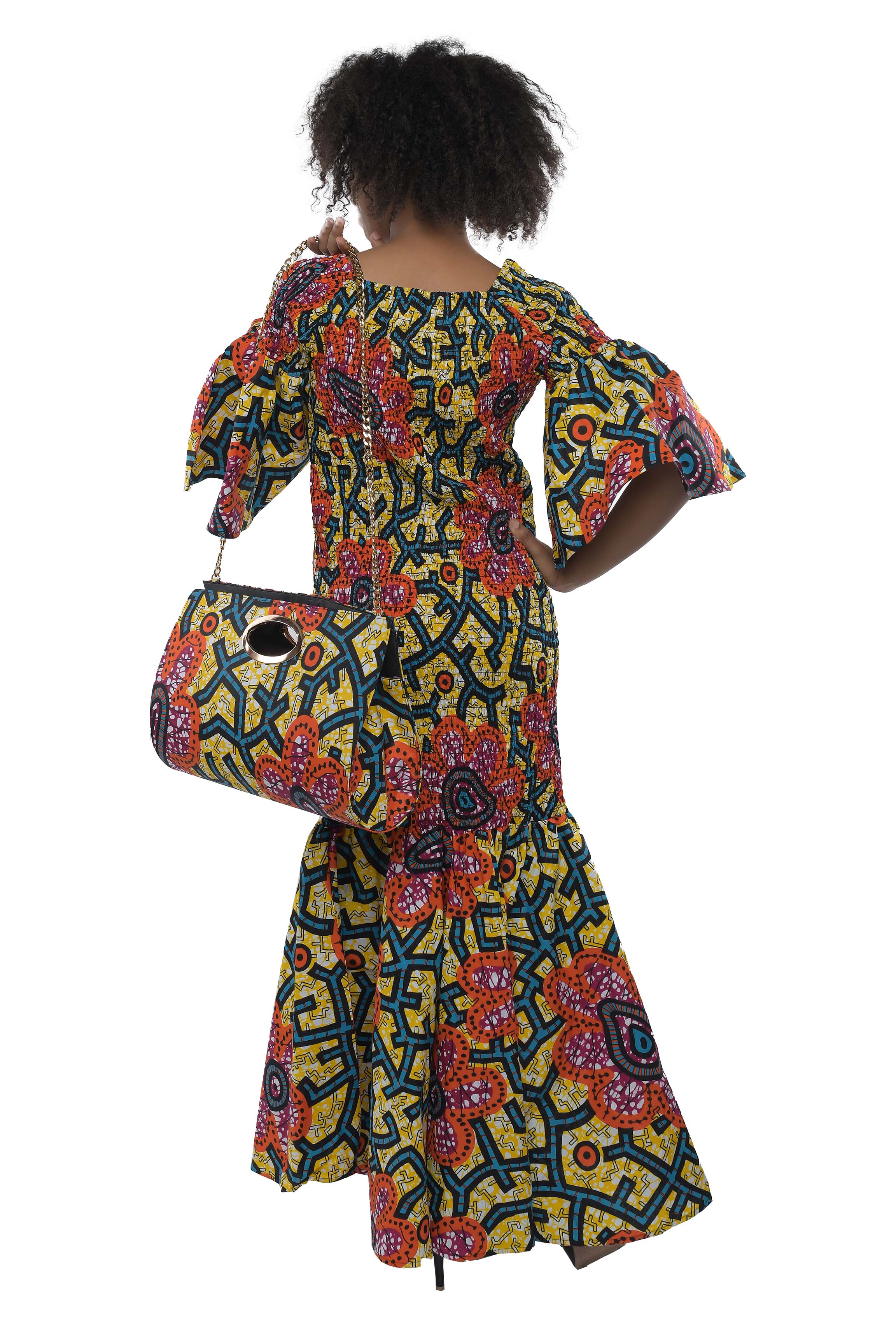 Long Smocked Mermaid Dress With Matching Handbag