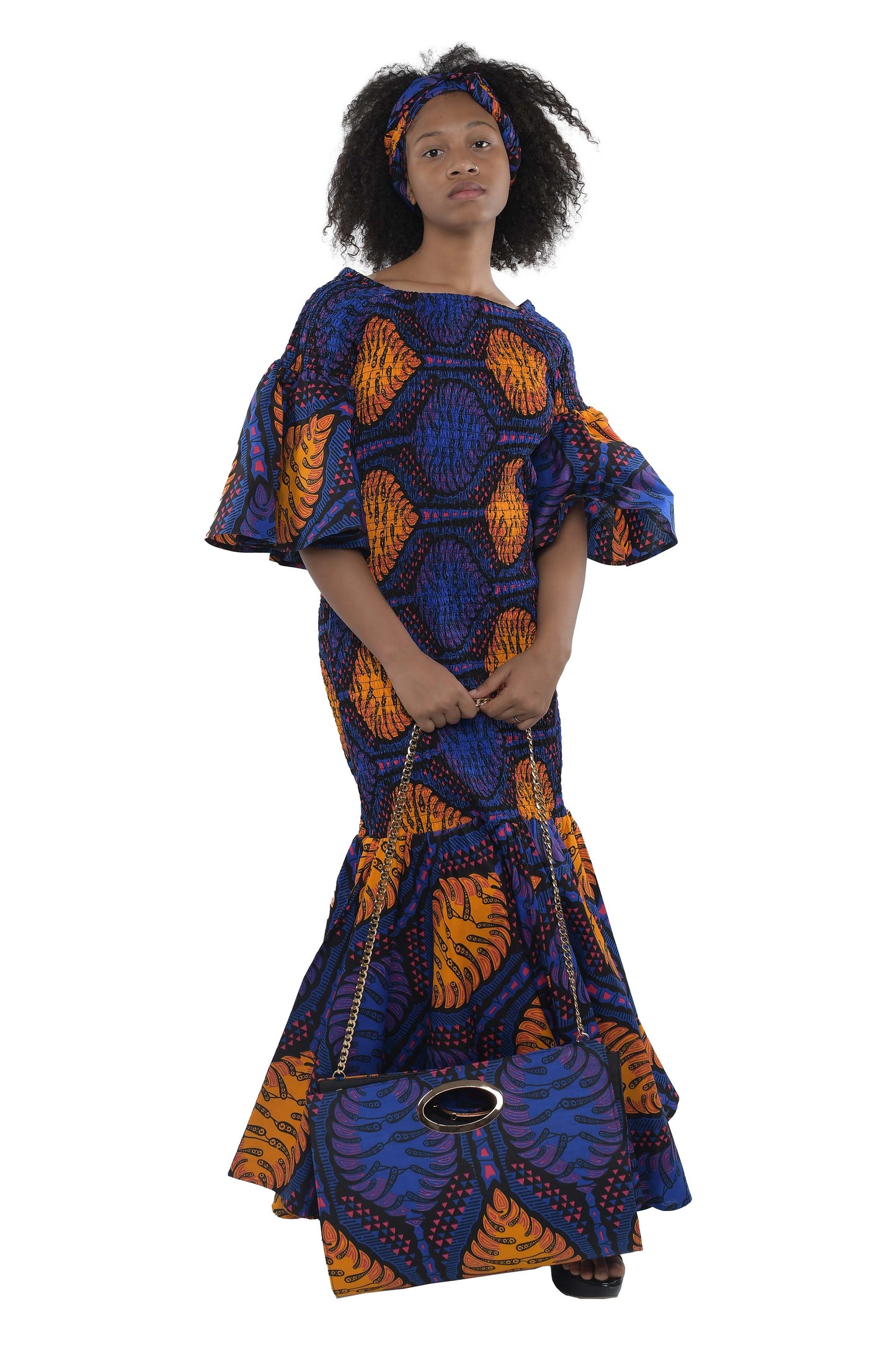 Long Smocked Mermaid Dress With Matching Handbag