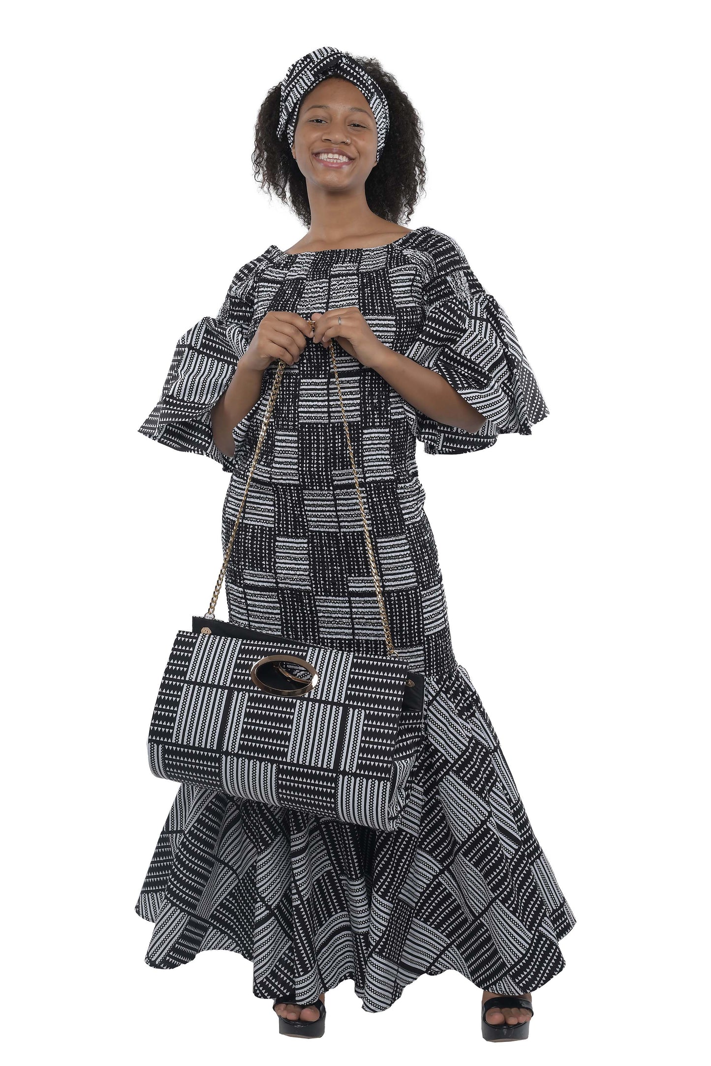 Long Smocked Mermaid Dress With Matching Handbag