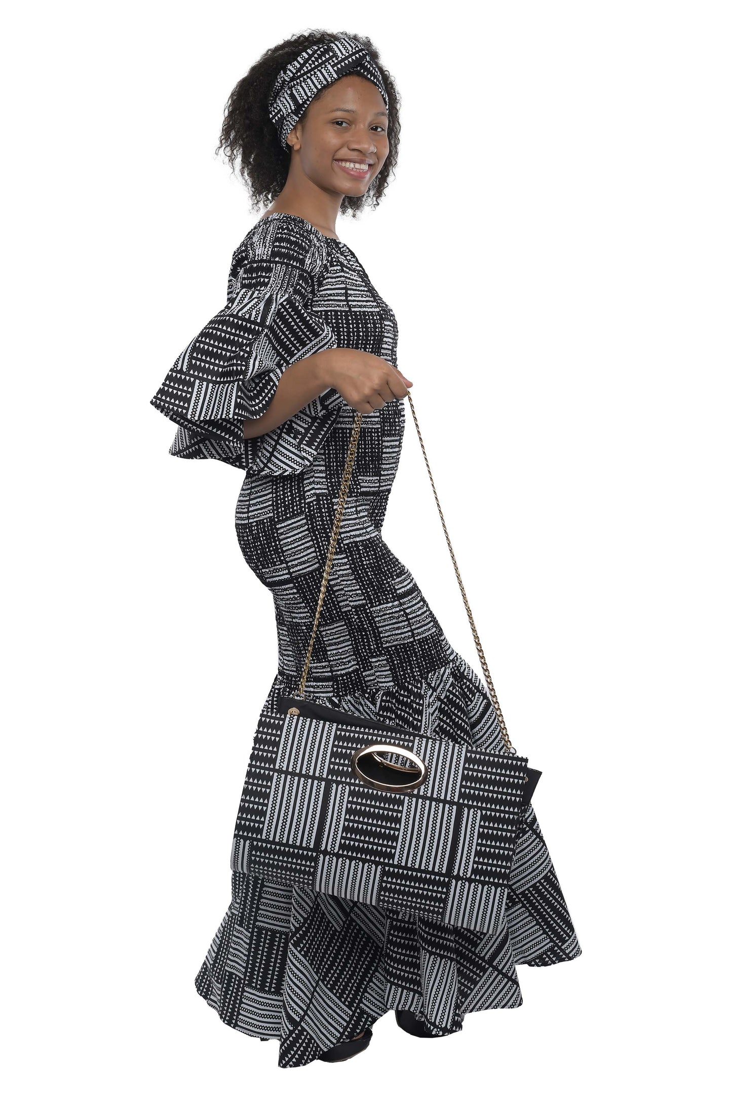 Long Smocked Mermaid Dress With Matching Handbag