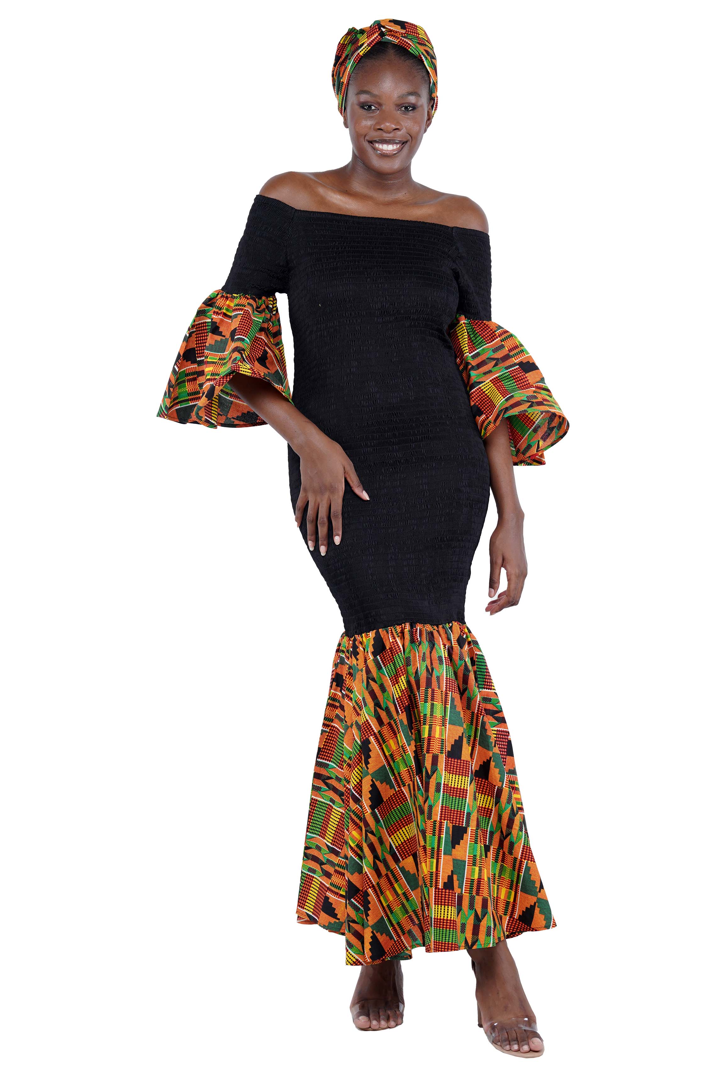 Kente Trim Black Long Smocked Mermaid/Fish Tail Dress | One Size & Plus Size