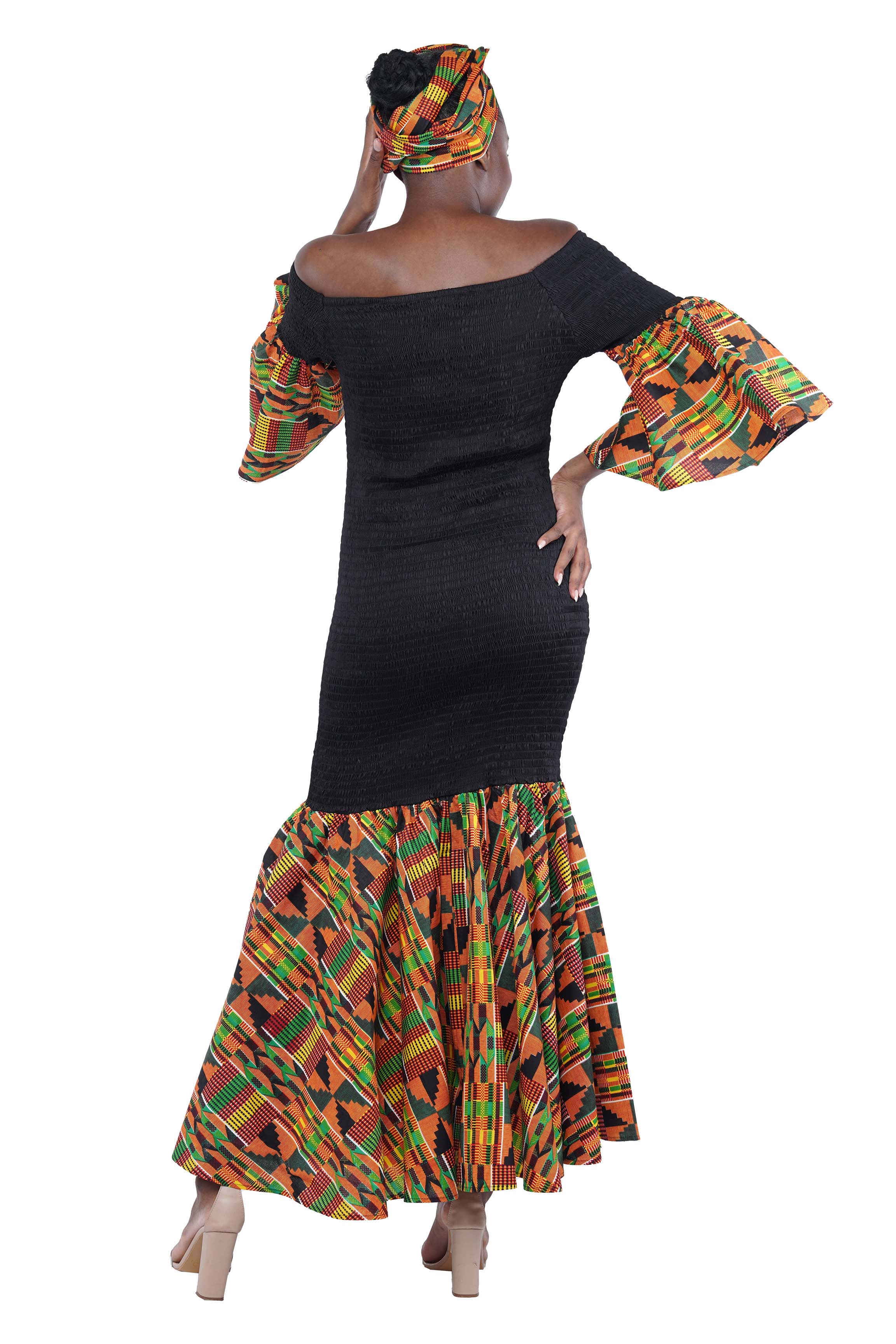 Kente Trim Black Long Smocked Mermaid/Fish Tail Dress | One Size & Plus Size