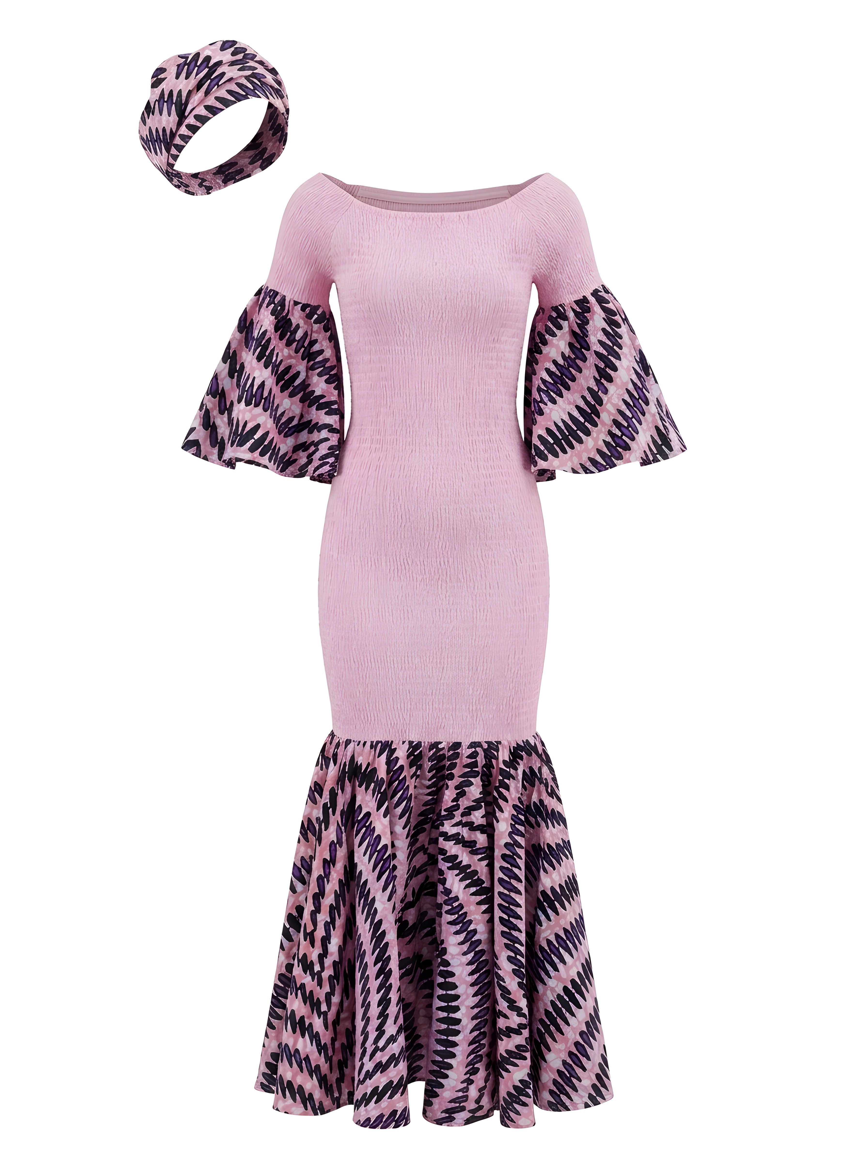 African Trim Pink Long Smocked Mermaid/Fish Tail Dress | One Size