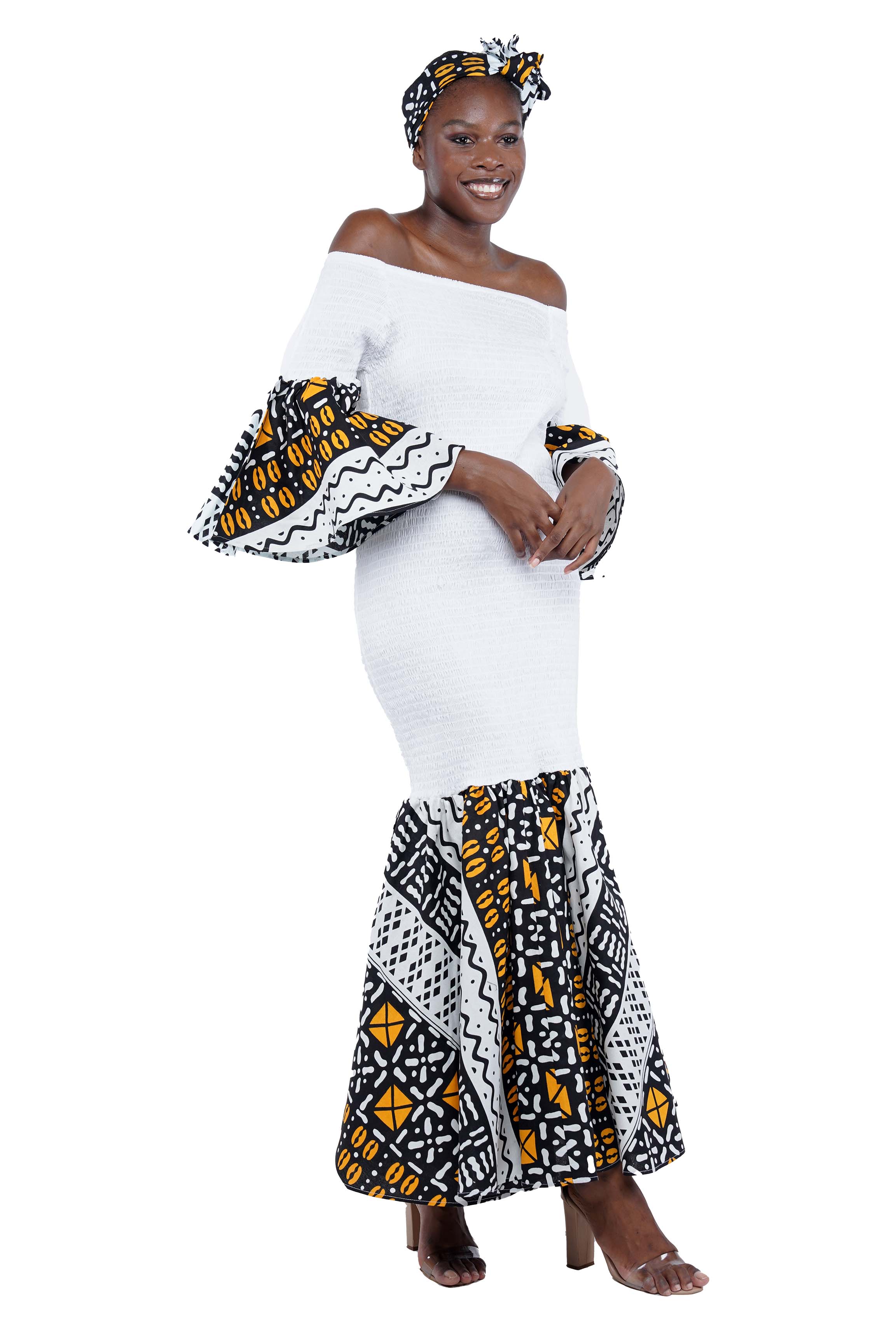 African Trim Black Long Smocked Mermaid/Fish Tail Dress | One Size & Plus Size