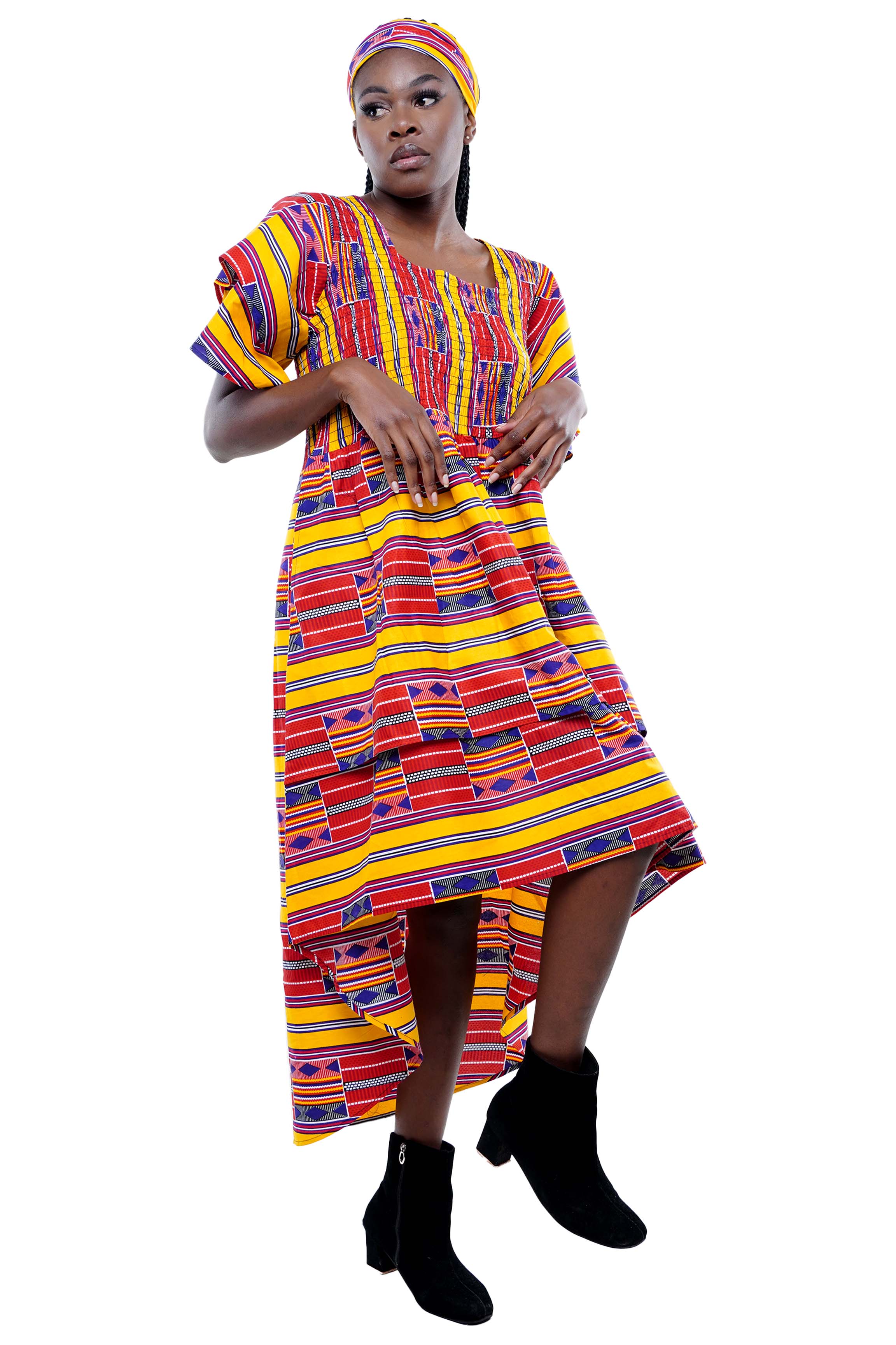 African smocked high low dress with headwrap and pockets
Afrocentric cotton dress with double layer hem and V neckline
High low African dress one size fits most
African dresses for women