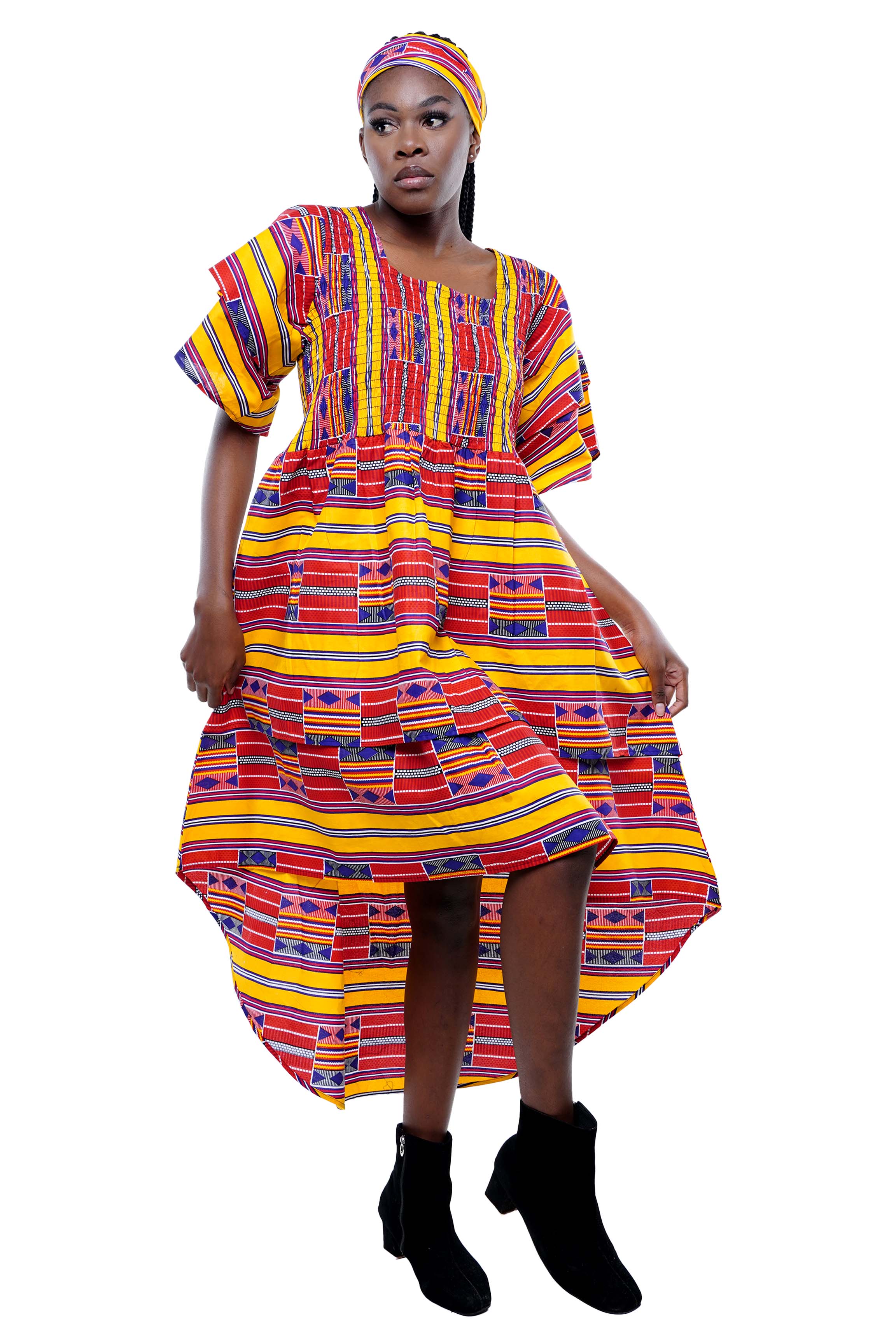 African smocked high low dress with headwrap and pockets
Afrocentric cotton dress with double layer hem and V neckline
High low African dress one size fits most
African dresses for women