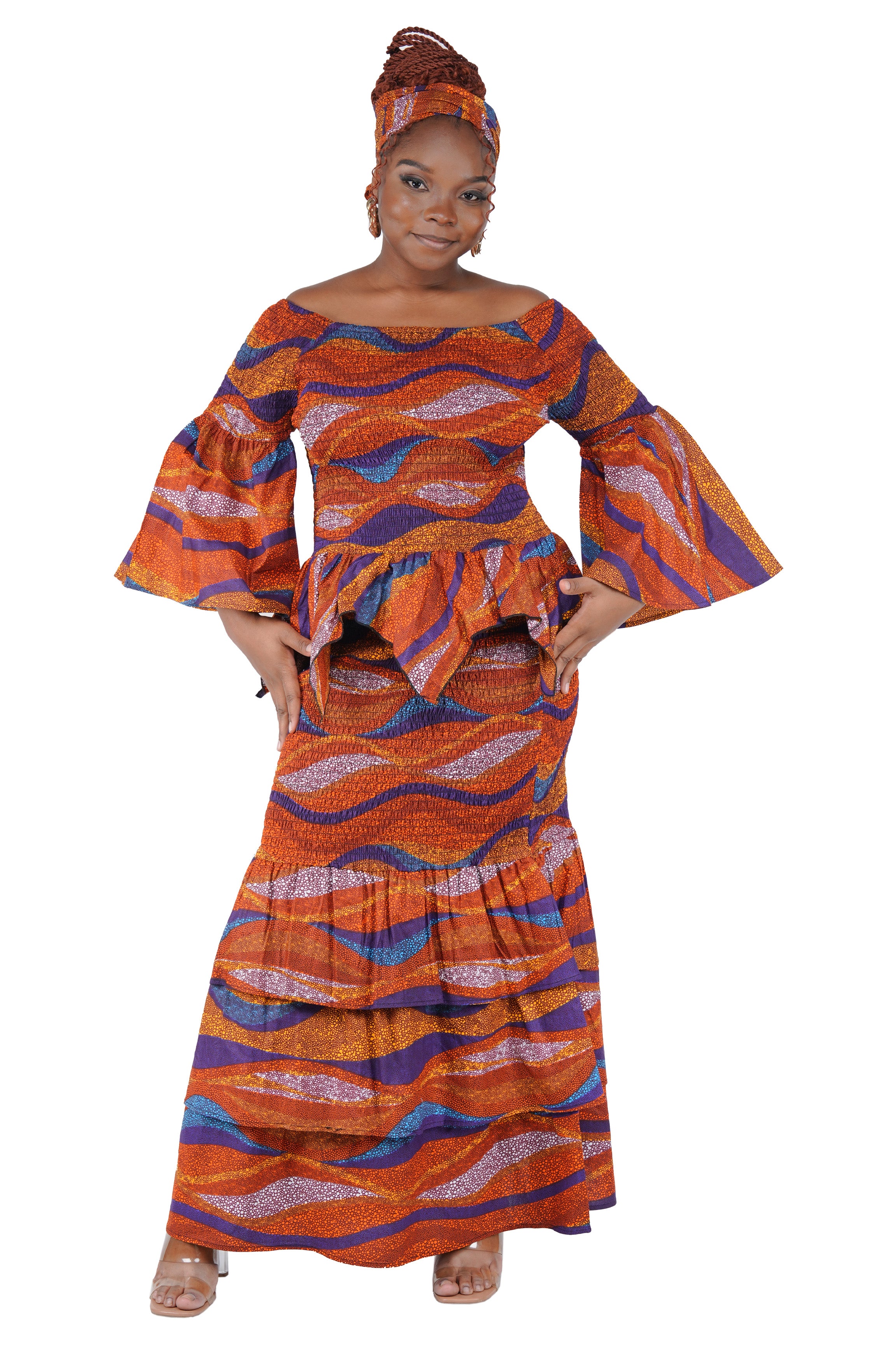 African Print Smocked Top and Fishtail Skirt Set | One Size & Plus Size