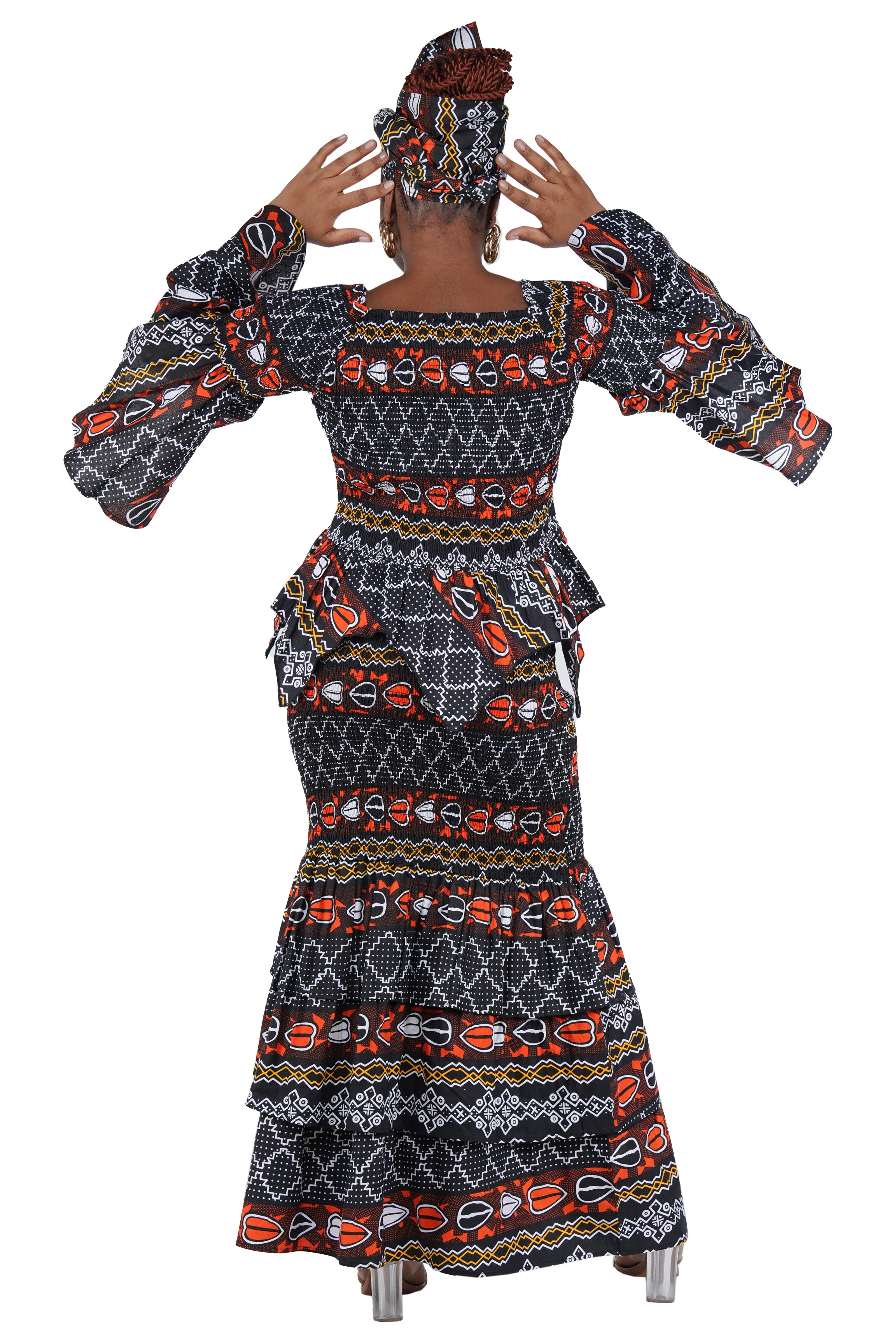 Back view of African print smocked skirt and top set