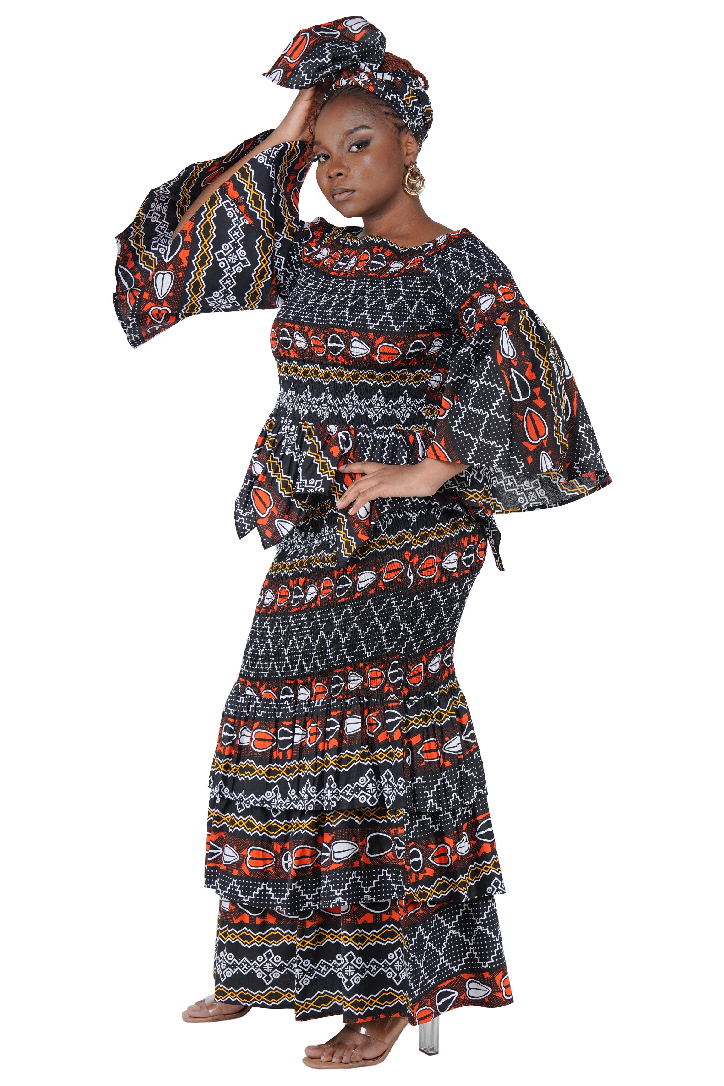 African print fishtail skirt with layered hem – fabric detail