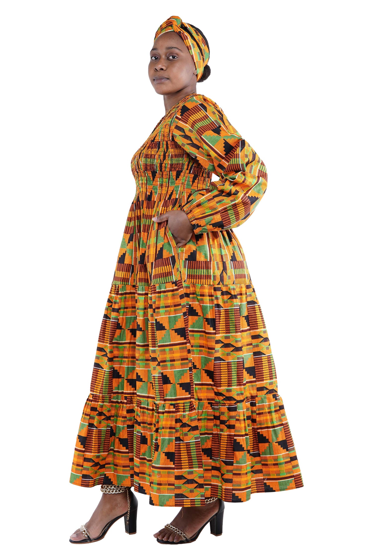 African smocked maxi tiered dress with long sleeves and headwrap
Cotton V-neck African maxi dress with pockets
Afrocentric long sleeve tiered dress one size fits most
African dresses for women