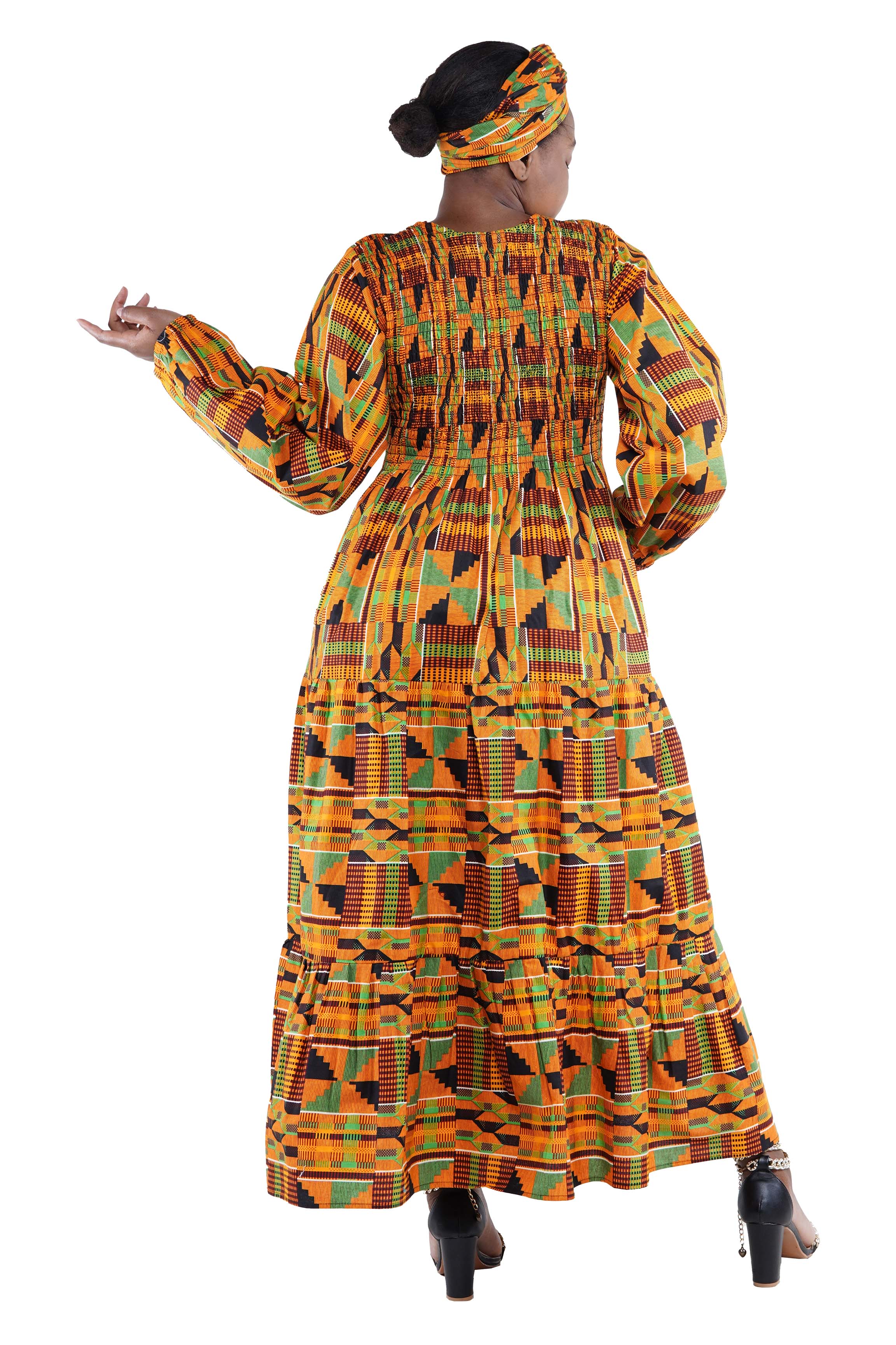 African smocked maxi tiered dress with long sleeves and headwrap
Cotton V-neck African maxi dress with pockets
Afrocentric long sleeve tiered dress one size fits most
African dresses for women
