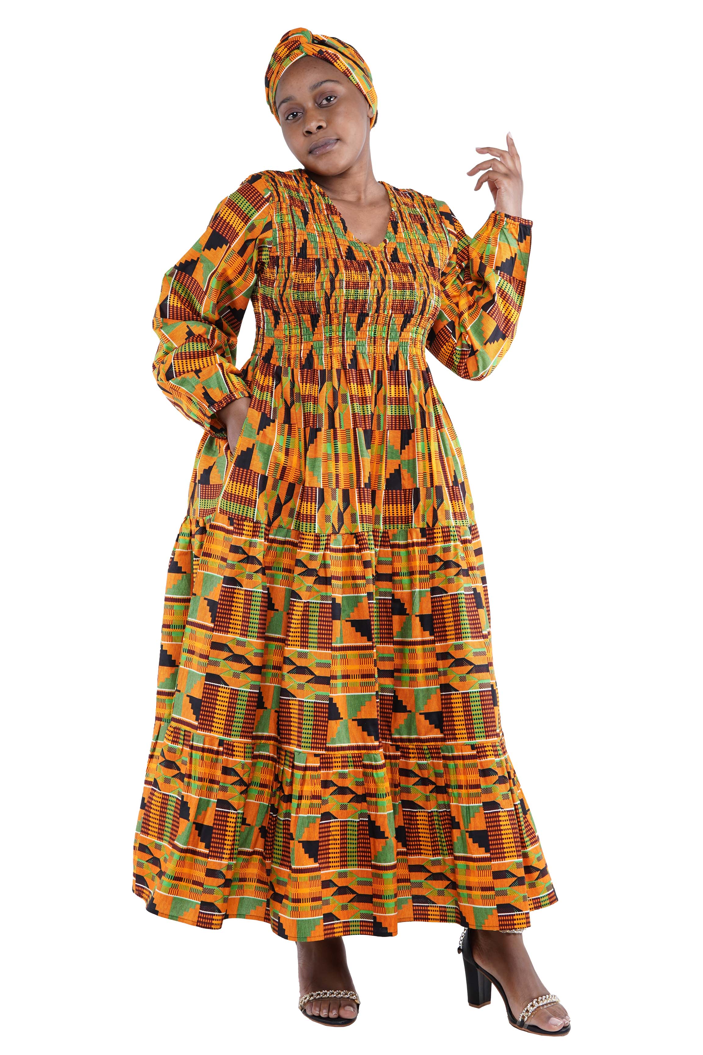 African smocked maxi tiered dress with long sleeves and headwrap
Cotton V-neck African maxi dress with pockets
Afrocentric long sleeve tiered dress one size fits most
African dresses for women