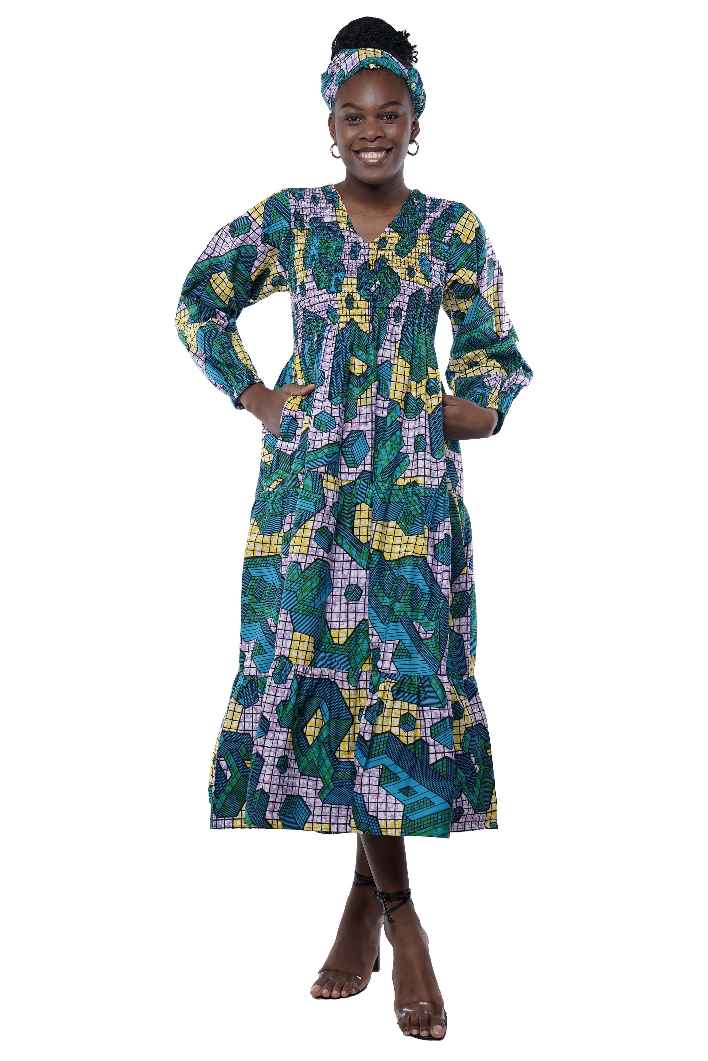 African smocked maxi tiered dress with long sleeves and headwrap
Cotton V-neck African maxi dress with pockets
Afrocentric long sleeve tiered dress one size fits most
African dresses for women