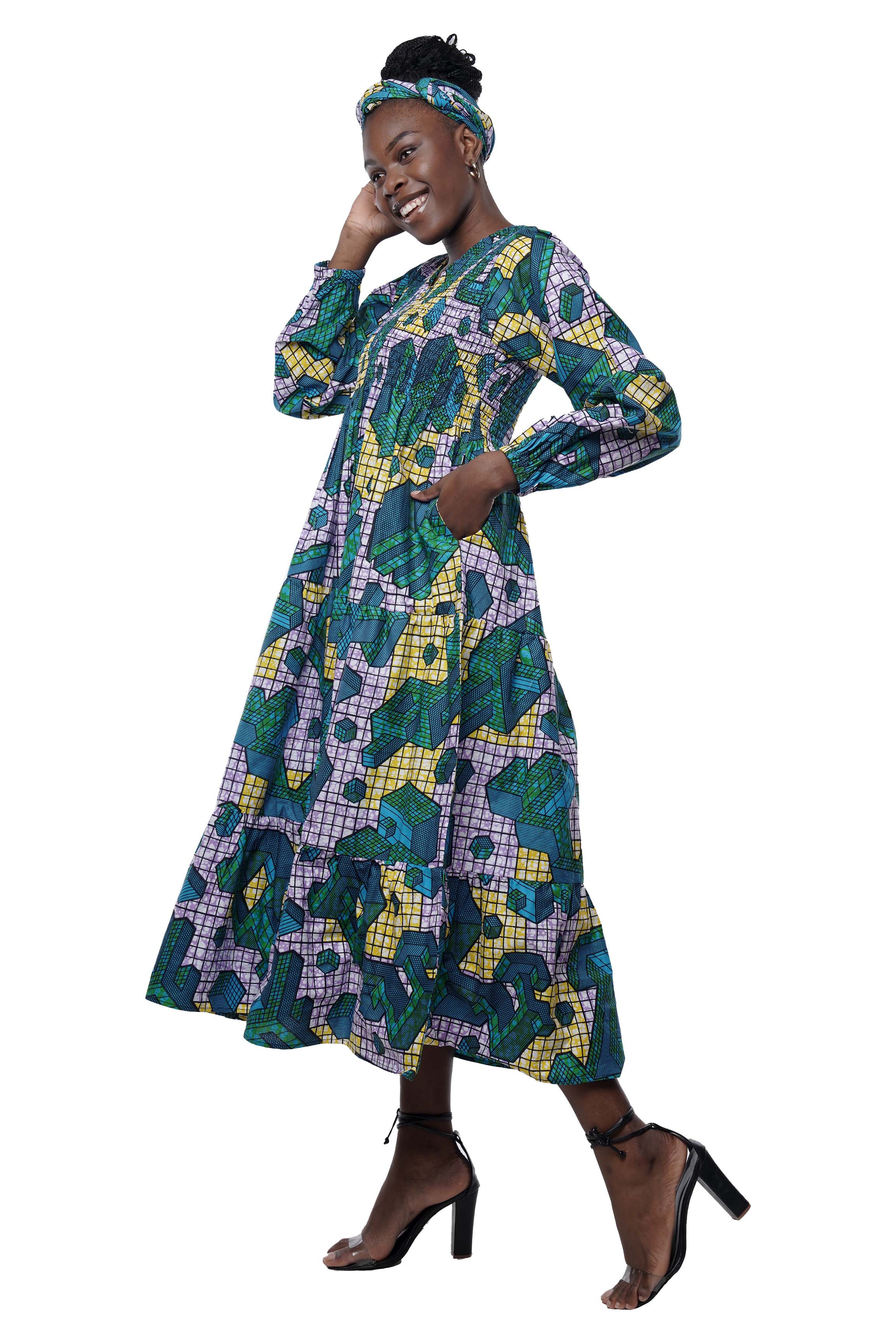 African smocked maxi tiered dress with long sleeves and headwrap
Cotton V-neck African maxi dress with pockets
Afrocentric long sleeve tiered dress one size fits most
African dresses for women