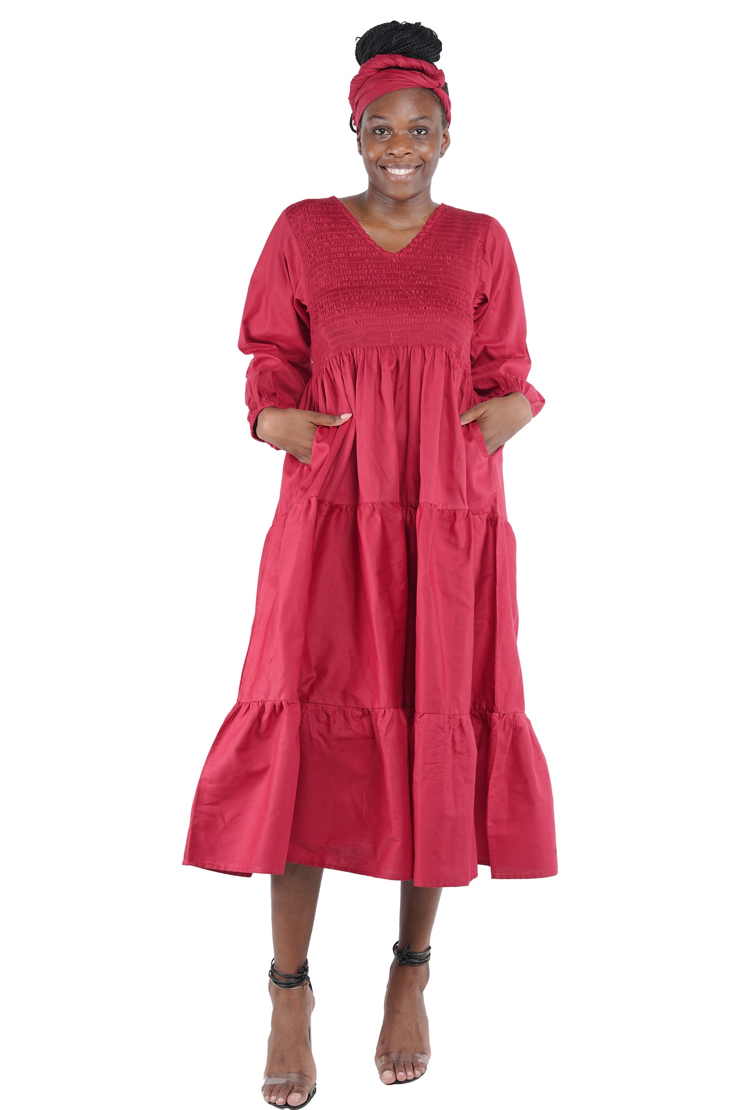 African smocked maxi tiered dress with long sleeves and headwrap
Cotton V-neck African maxi dress with pockets
Afrocentric long sleeve tiered dress one size fits most
African dresses for women