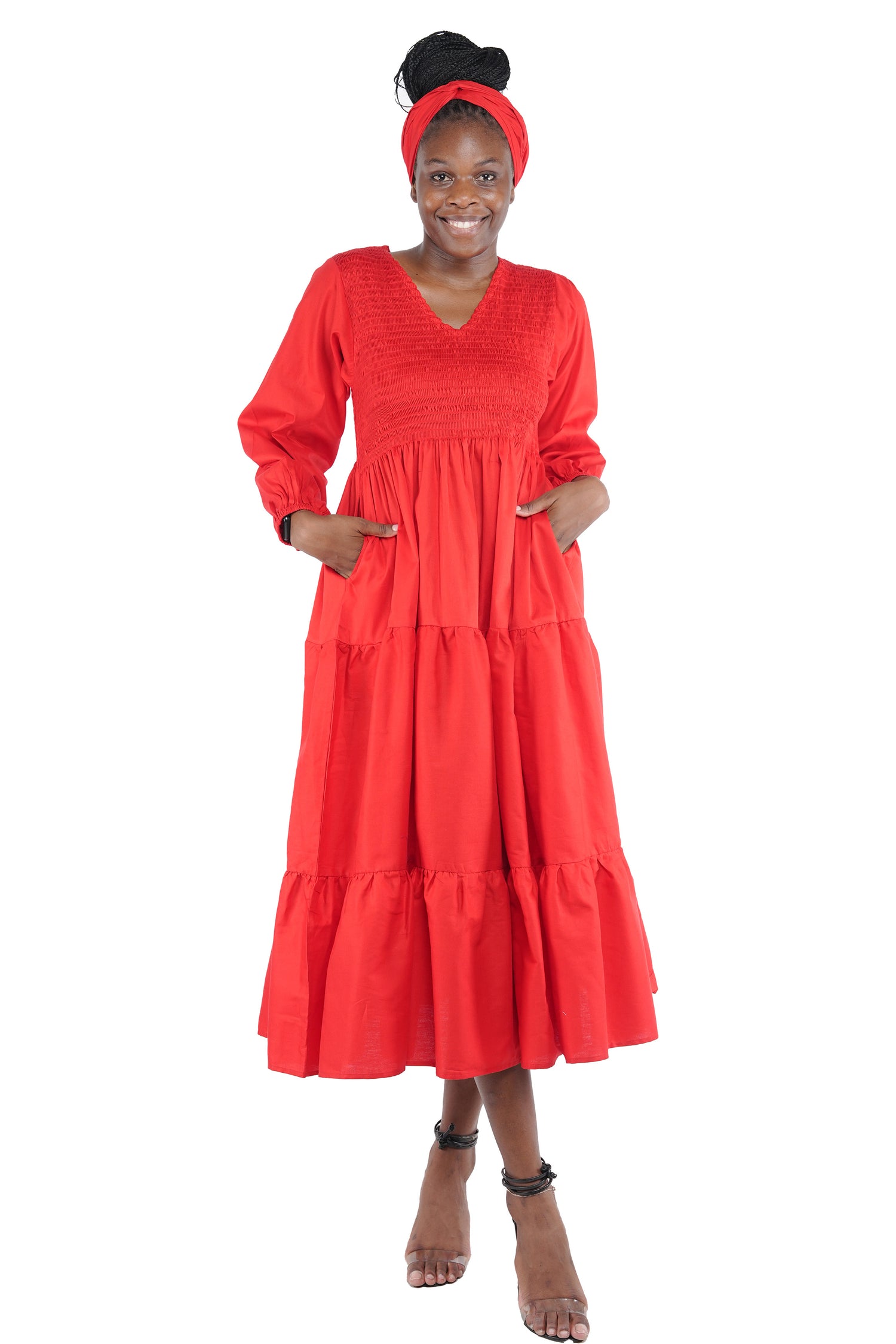 African smocked maxi tiered dress with long sleeves and headwrap
Cotton V-neck African maxi dress with pockets
Afrocentric long sleeve tiered dress one size fits most
African dresses for women