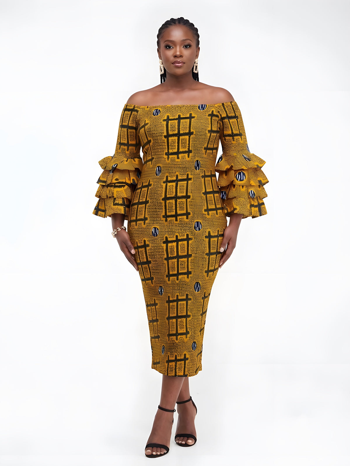 Long African Print Smocked Pencil Dress with Tiered Ruffle Sleeves