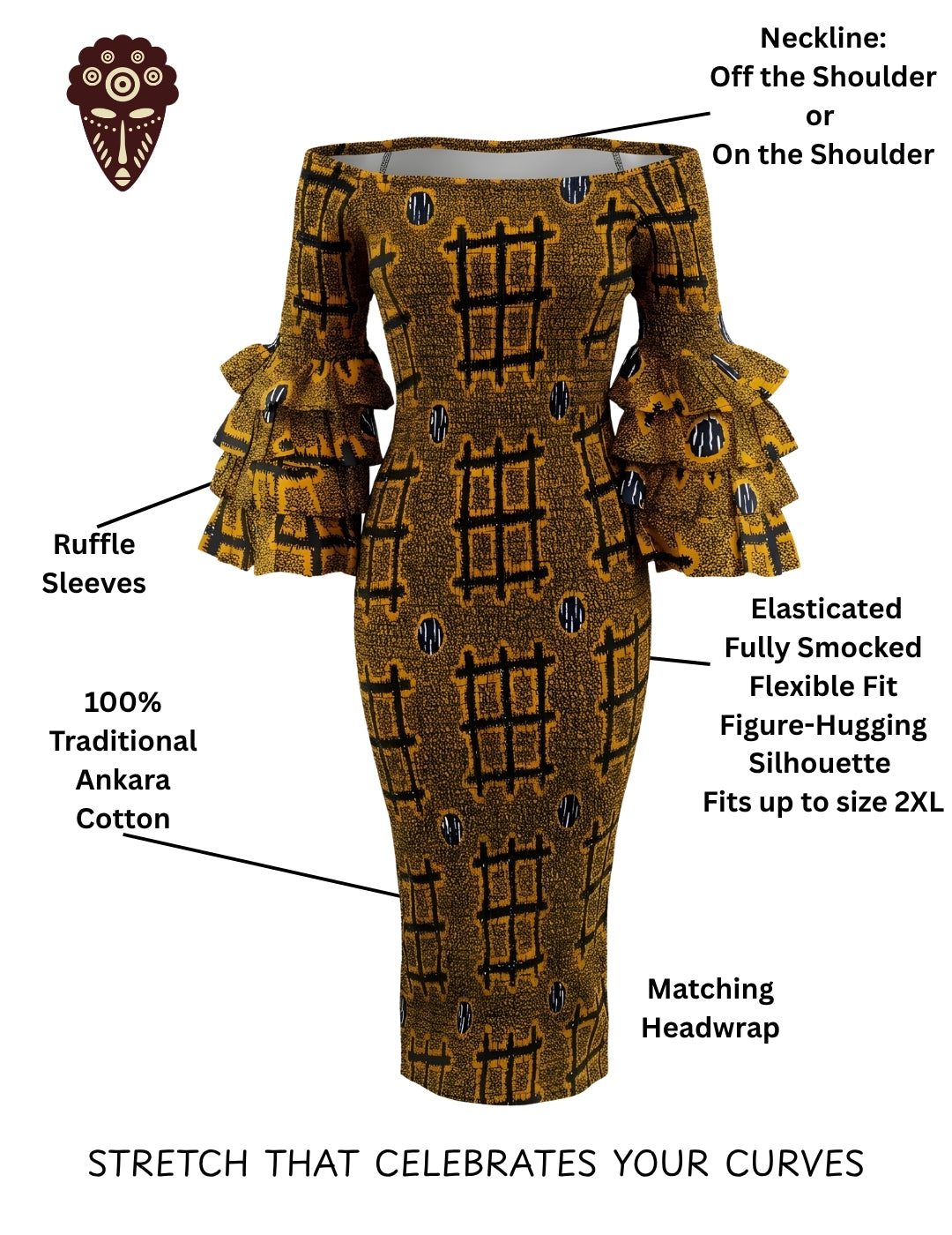 Long African Print Smocked Pencil Dress with Tiered Ruffle Sleeves