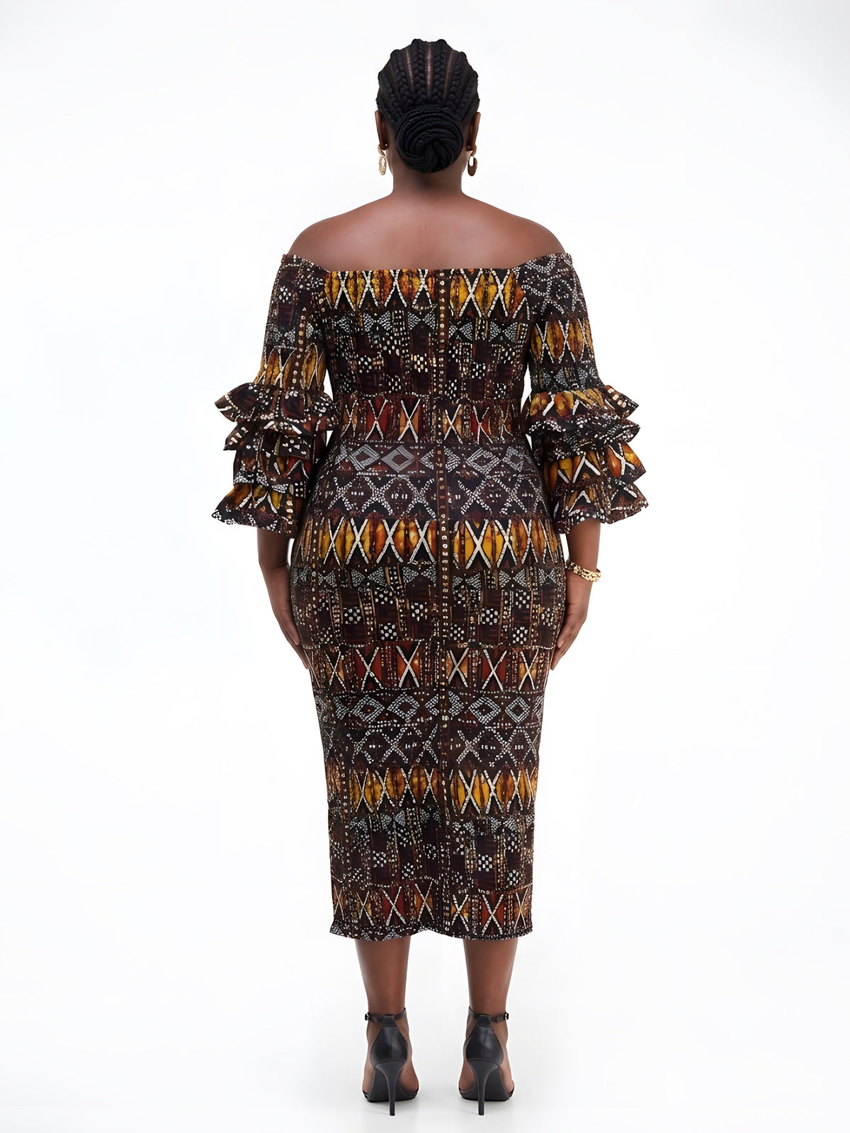 Long African Print Smocked Pencil Dress with Tiered Ruffle Sleeves