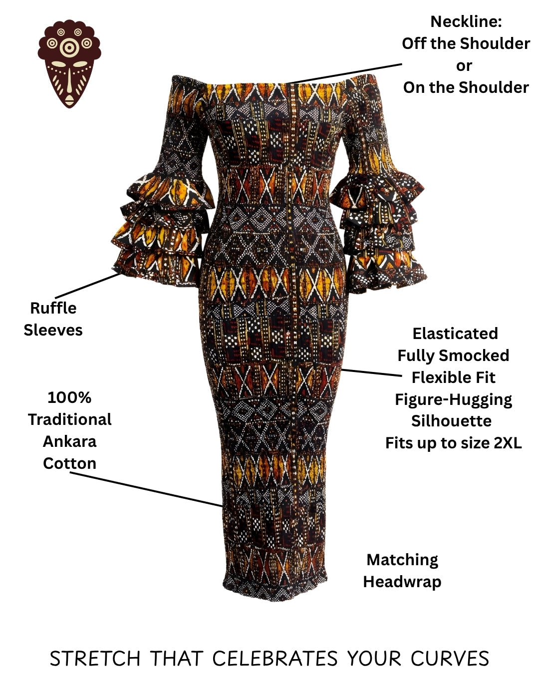 Long African Print Smocked Pencil Dress with Tiered Ruffle Sleeves