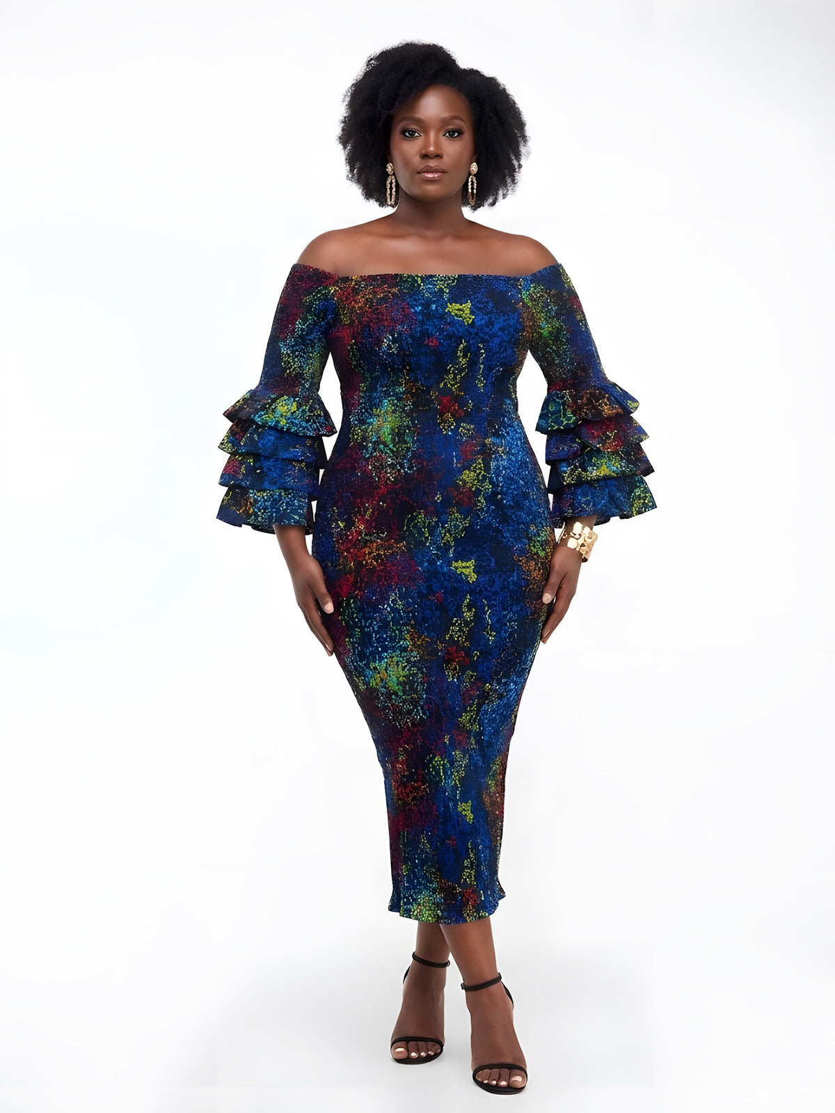 Long African Print Smocked Pencil Dress with Tiered Ruffle Sleeves