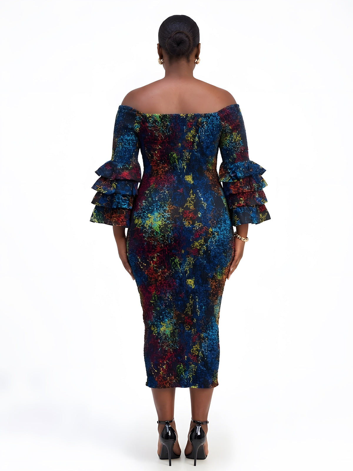 Long African Print Smocked Pencil Dress with Tiered Ruffle Sleeves