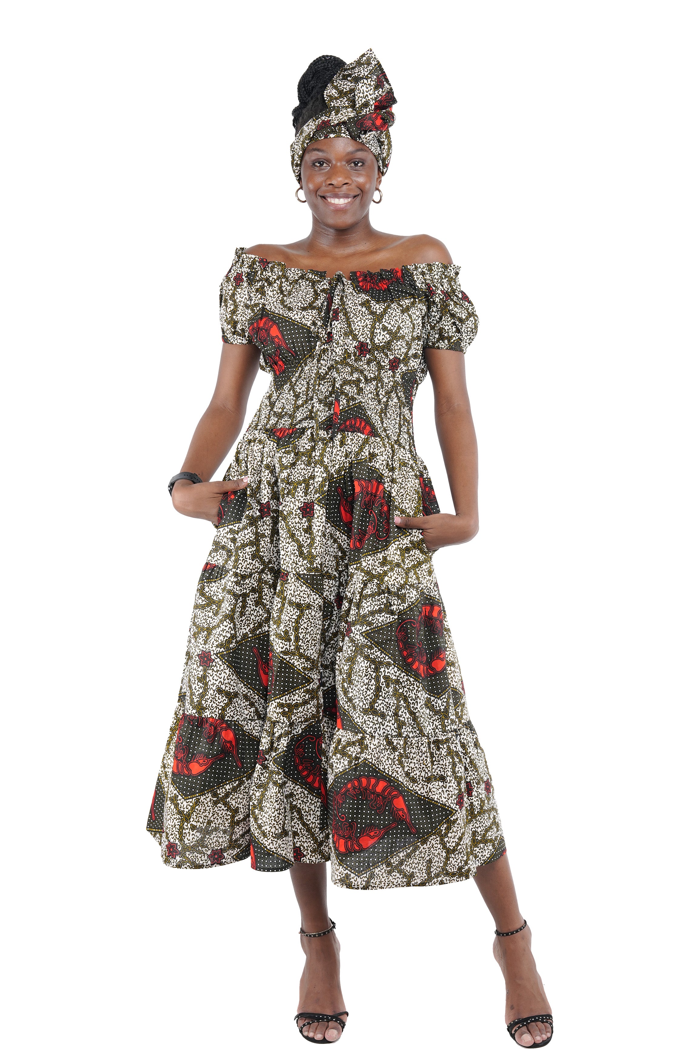 African off-shoulder layered midi dress with headwrap
Afrocentric cotton dress with smocked waist and pockets
African attire for women – layered midi dress in ankara print
African dresses for women