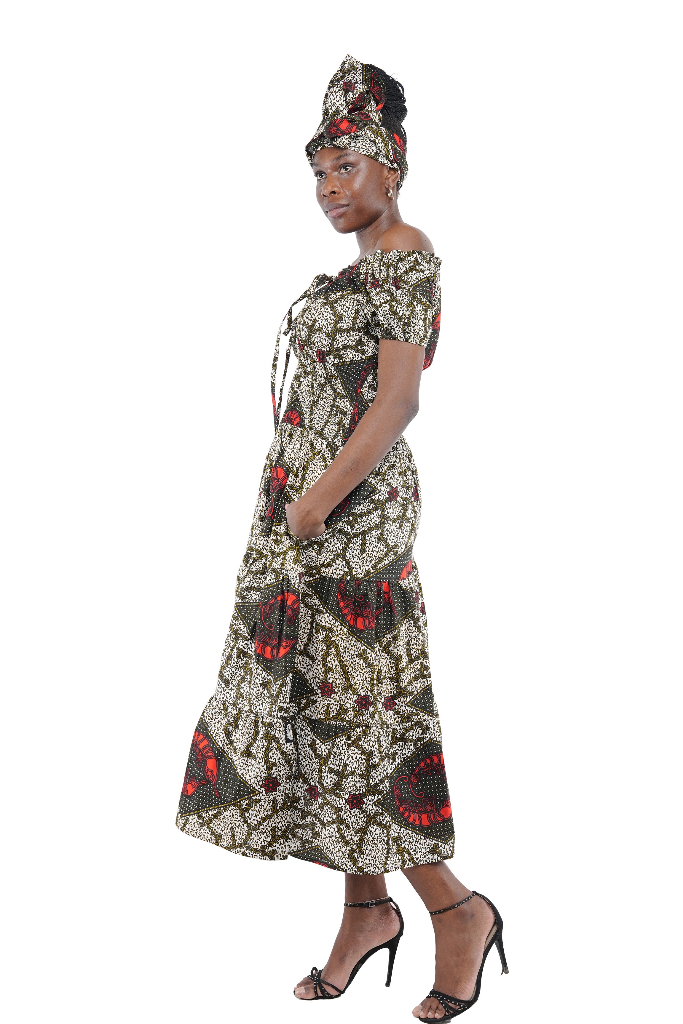 African off-shoulder layered midi dress with headwrap
Afrocentric cotton dress with smocked waist and pockets
African attire for women – layered midi dress in ankara print
African dresses for women