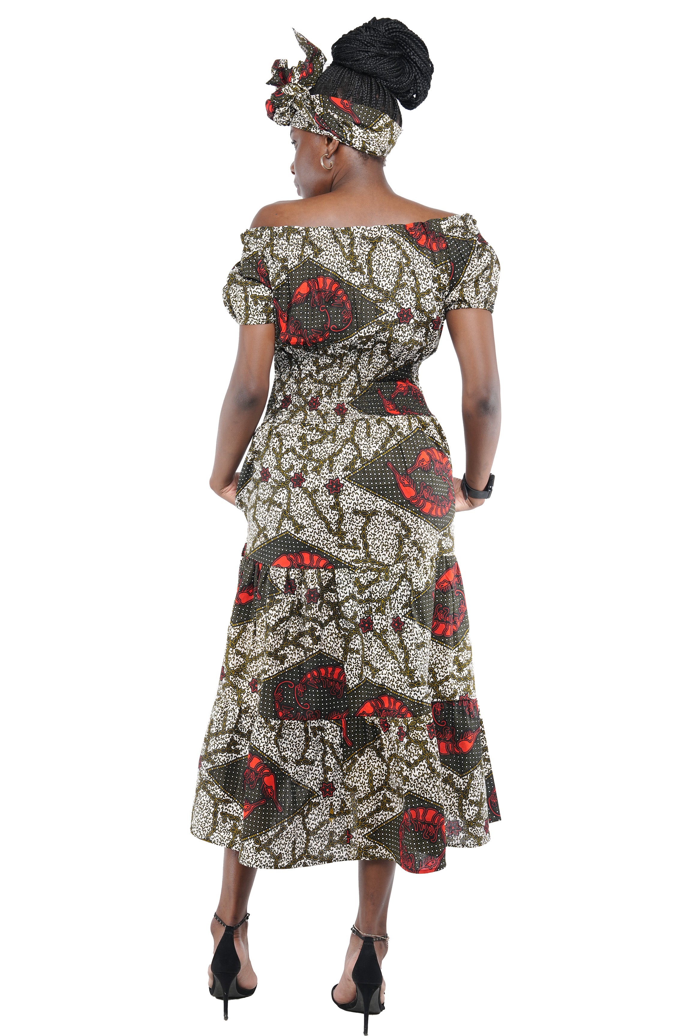 African off-shoulder layered midi dress with headwrap
Afrocentric cotton dress with smocked waist and pockets
African attire for women – layered midi dress in ankara print
African dresses for women