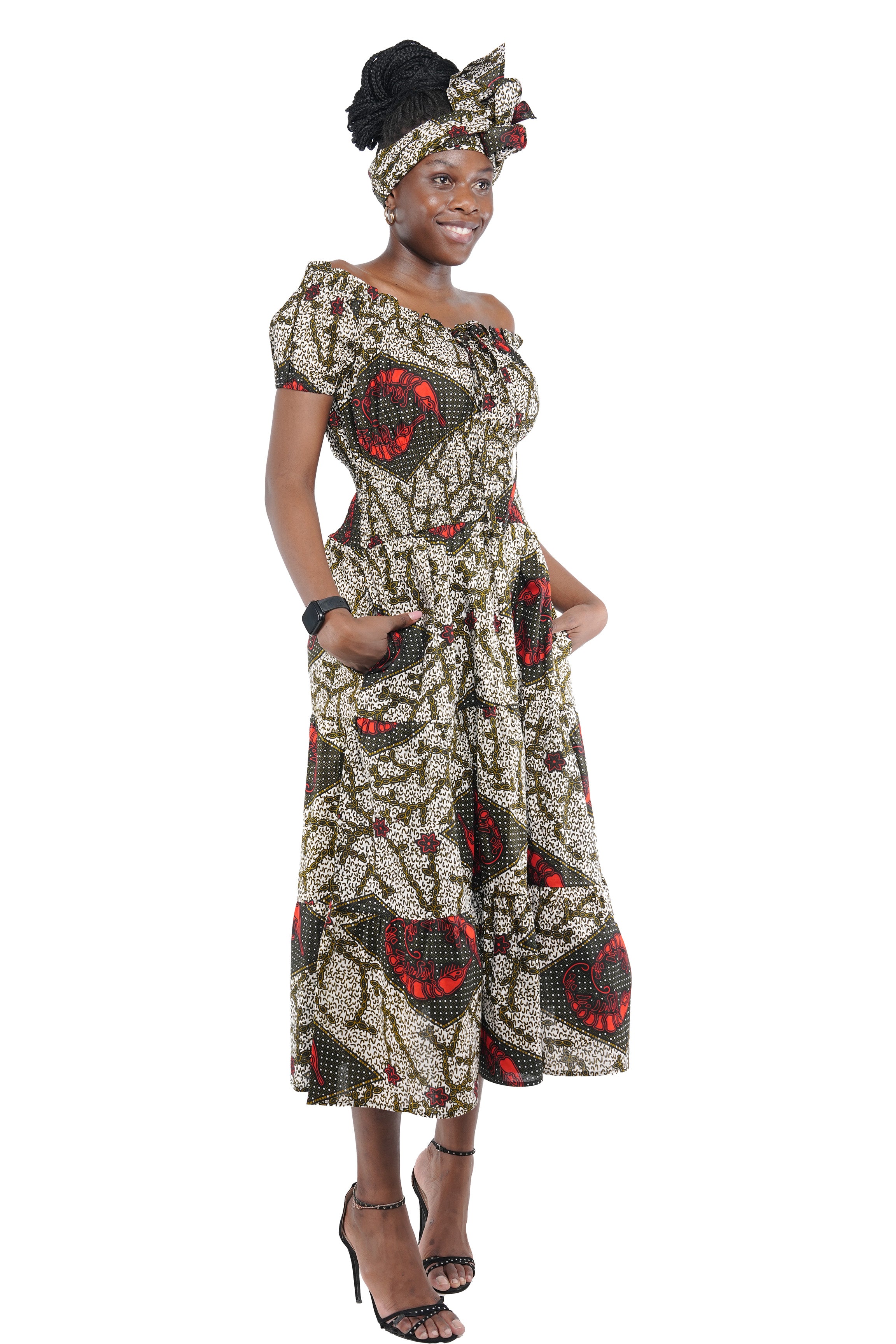 African off-shoulder layered midi dress with headwrap
Afrocentric cotton dress with smocked waist and pockets
African attire for women – layered midi dress in ankara print
African dresses for women