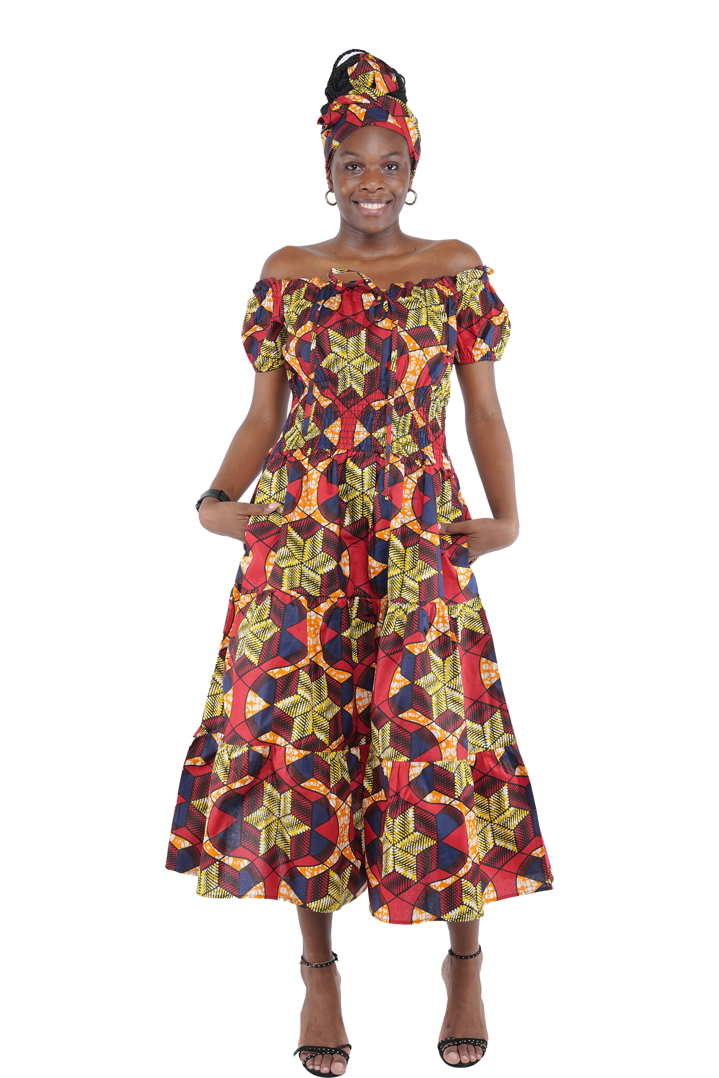 African off-shoulder layered midi dress with headwrap
Afrocentric cotton dress with smocked waist and pockets
African attire for women – layered midi dress in ankara print
African dresses for women