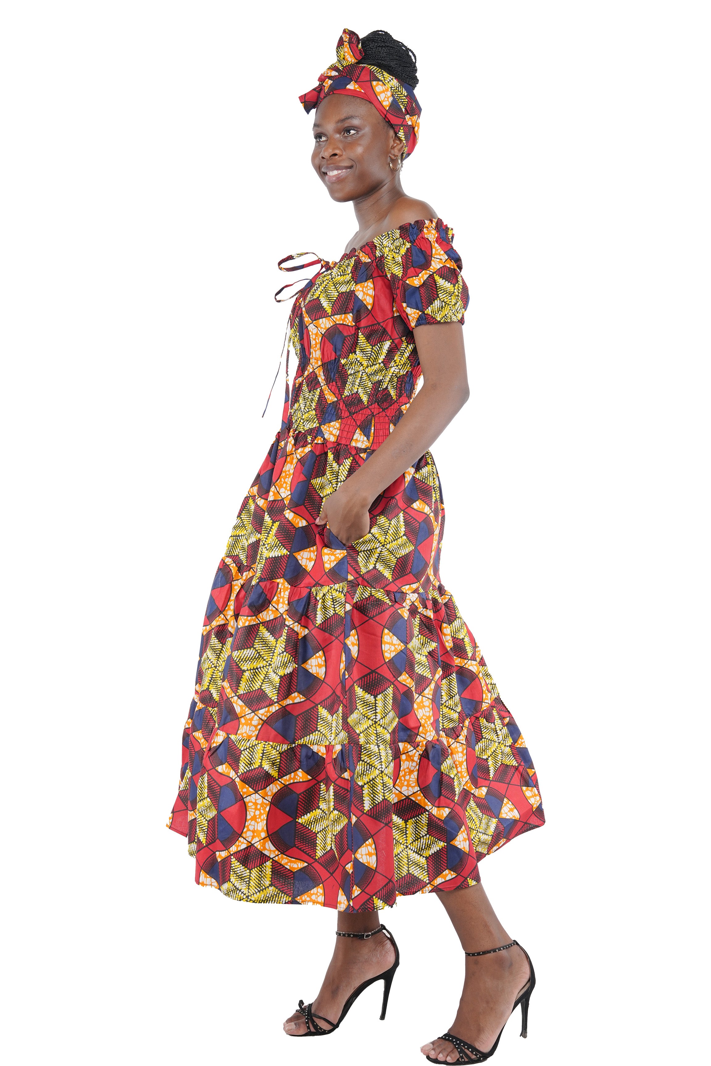 African off-shoulder layered midi dress with headwrap
Afrocentric cotton dress with smocked waist and pockets
African attire for women – layered midi dress in ankara print
African dresses for women