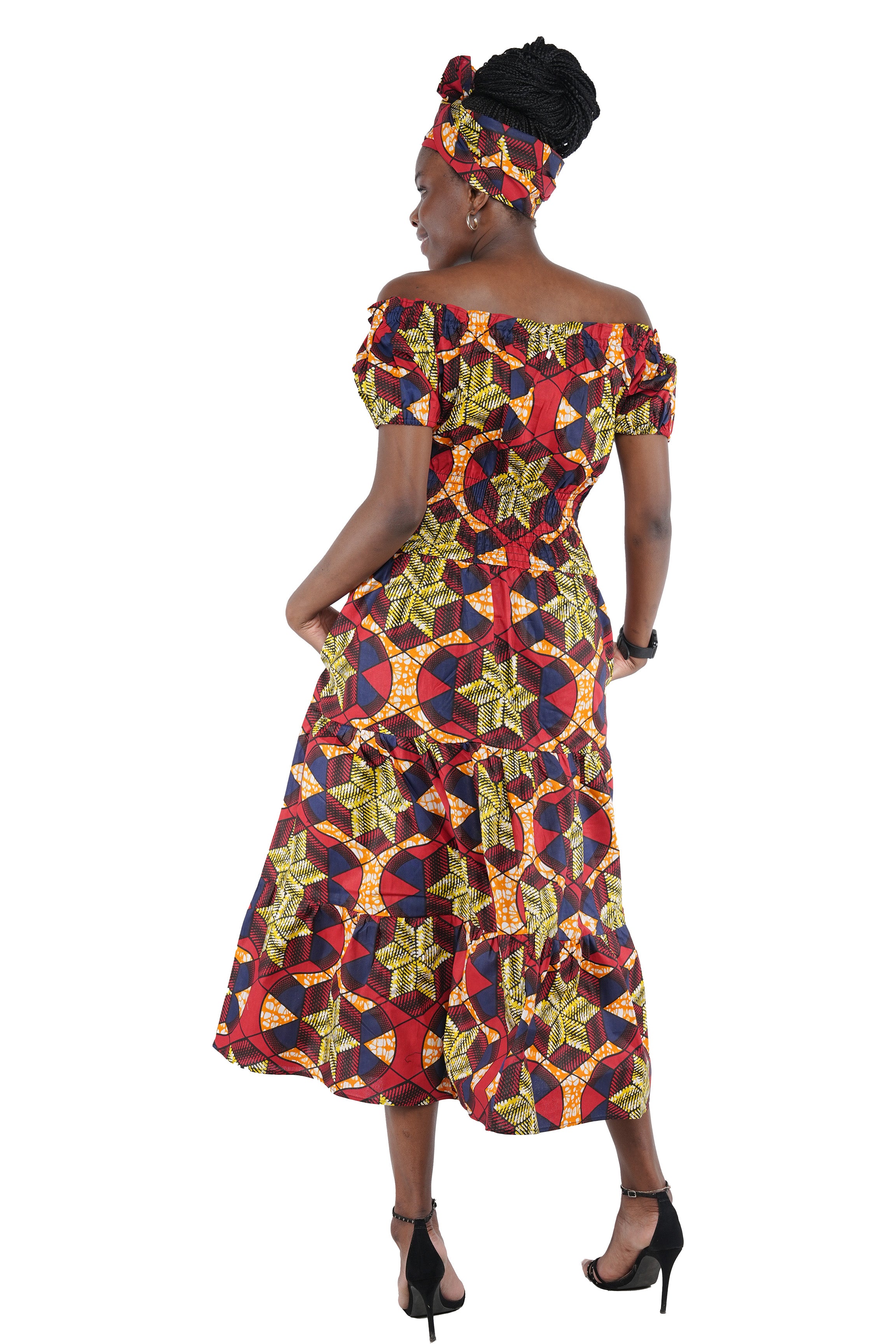 African off-shoulder layered midi dress with headwrap
Afrocentric cotton dress with smocked waist and pockets
African attire for women – layered midi dress in ankara print
African dresses for women