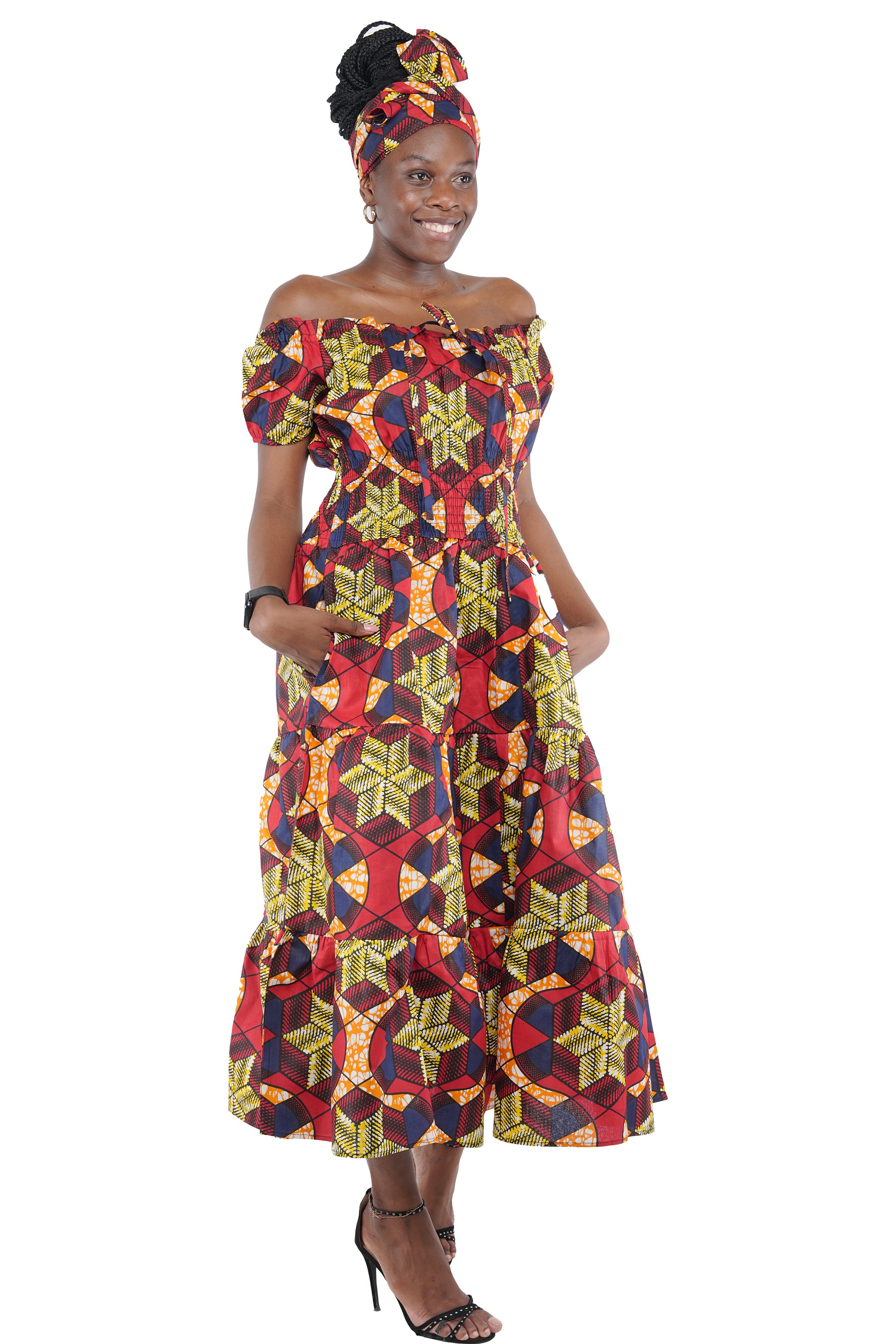 African off-shoulder layered midi dress with headwrap
Afrocentric cotton dress with smocked waist and pockets
African attire for women – layered midi dress in ankara print
African dresses for women