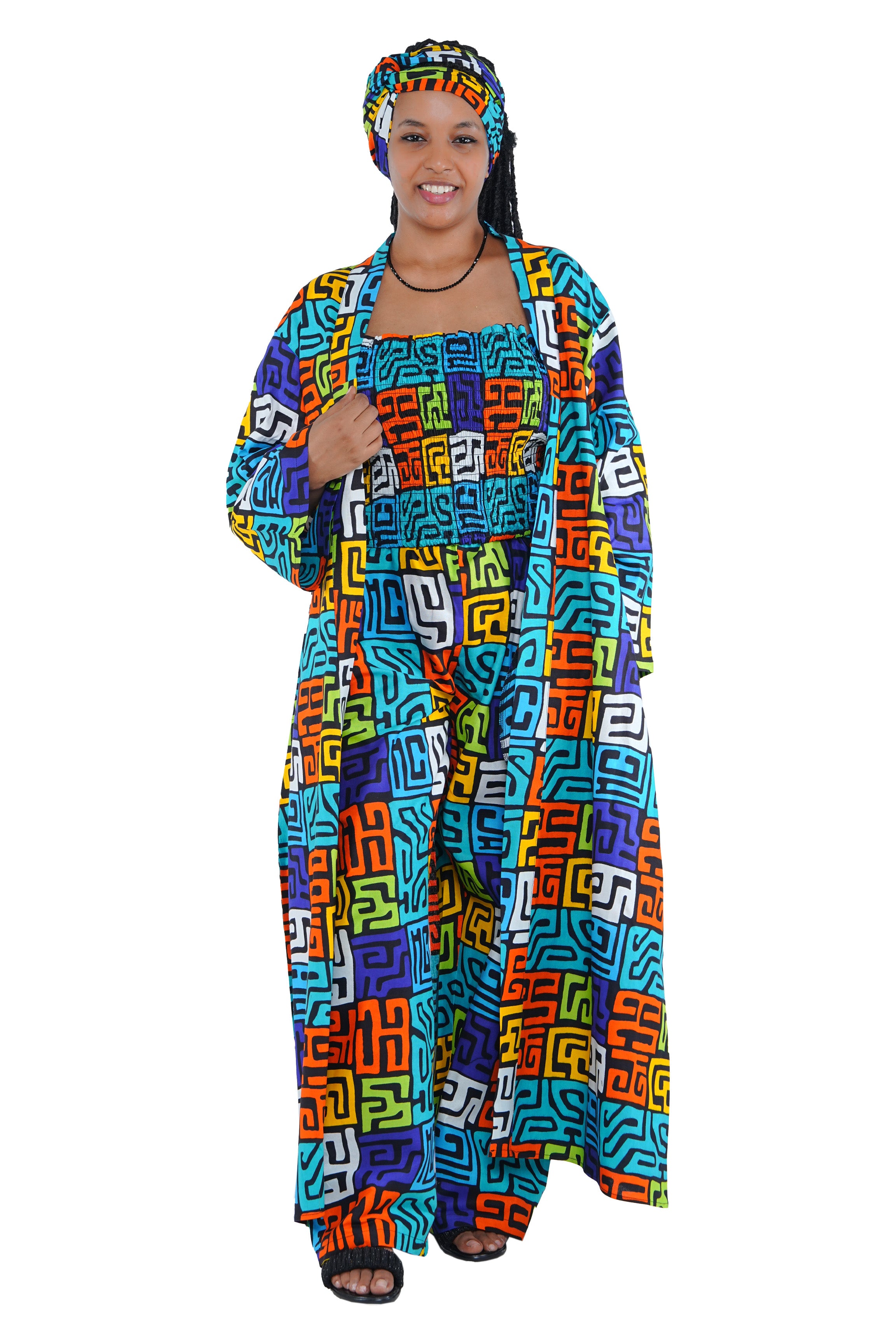African print 3-piece outfit with smocked top, pants, kimono, and head wrap – front view