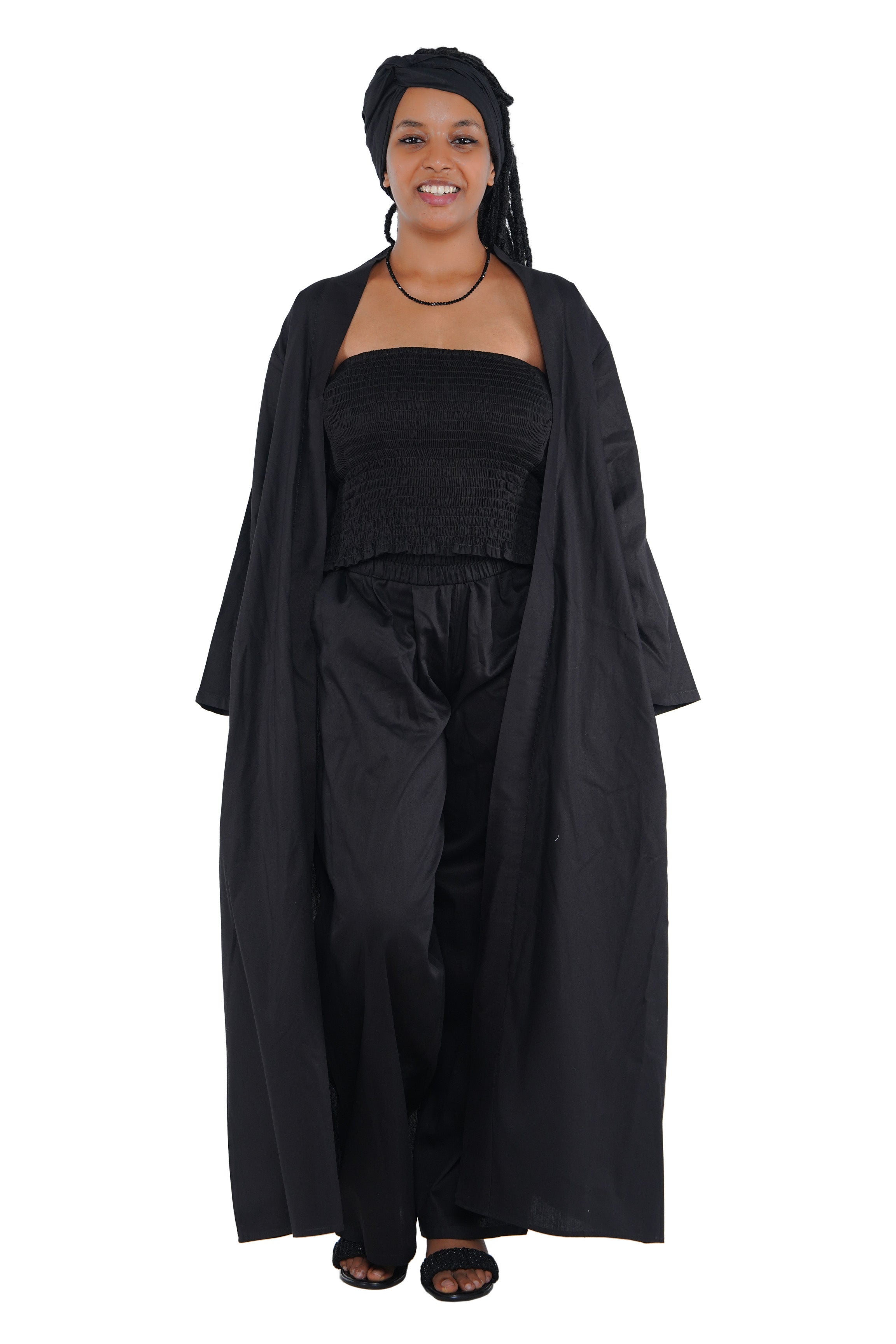 Black 3-Piece Set for Women–Smocked Top, Pants, and Kimono with Head Wrap