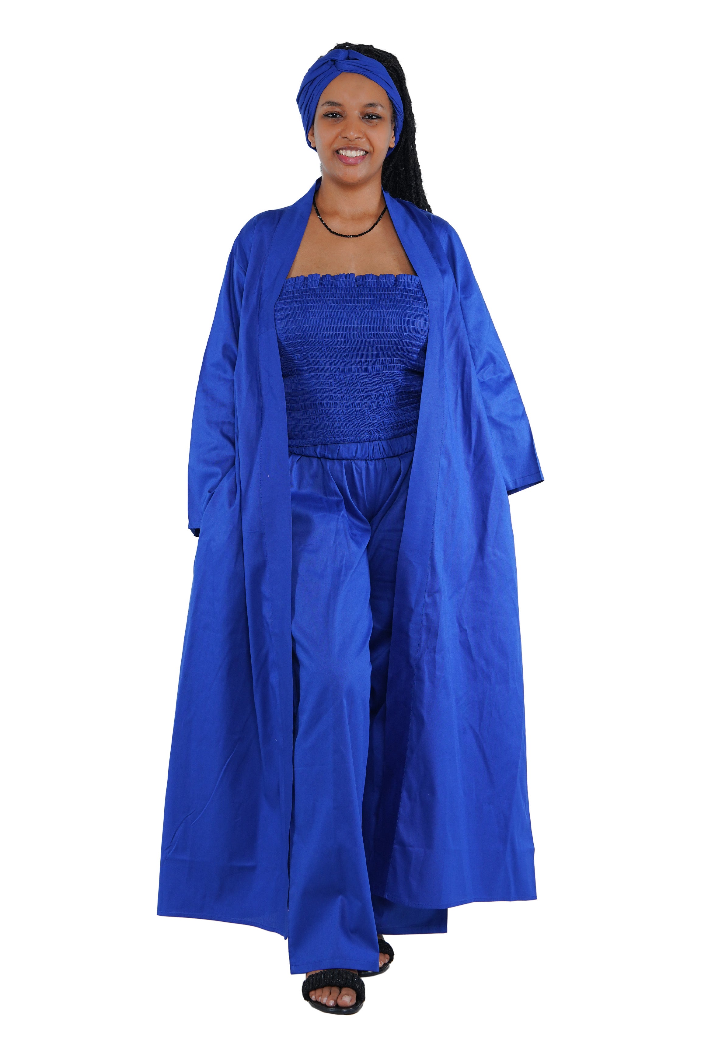 Blue 3-Piece Set for Women–Smocked Top, Pants, and Kimono with Head Wrap