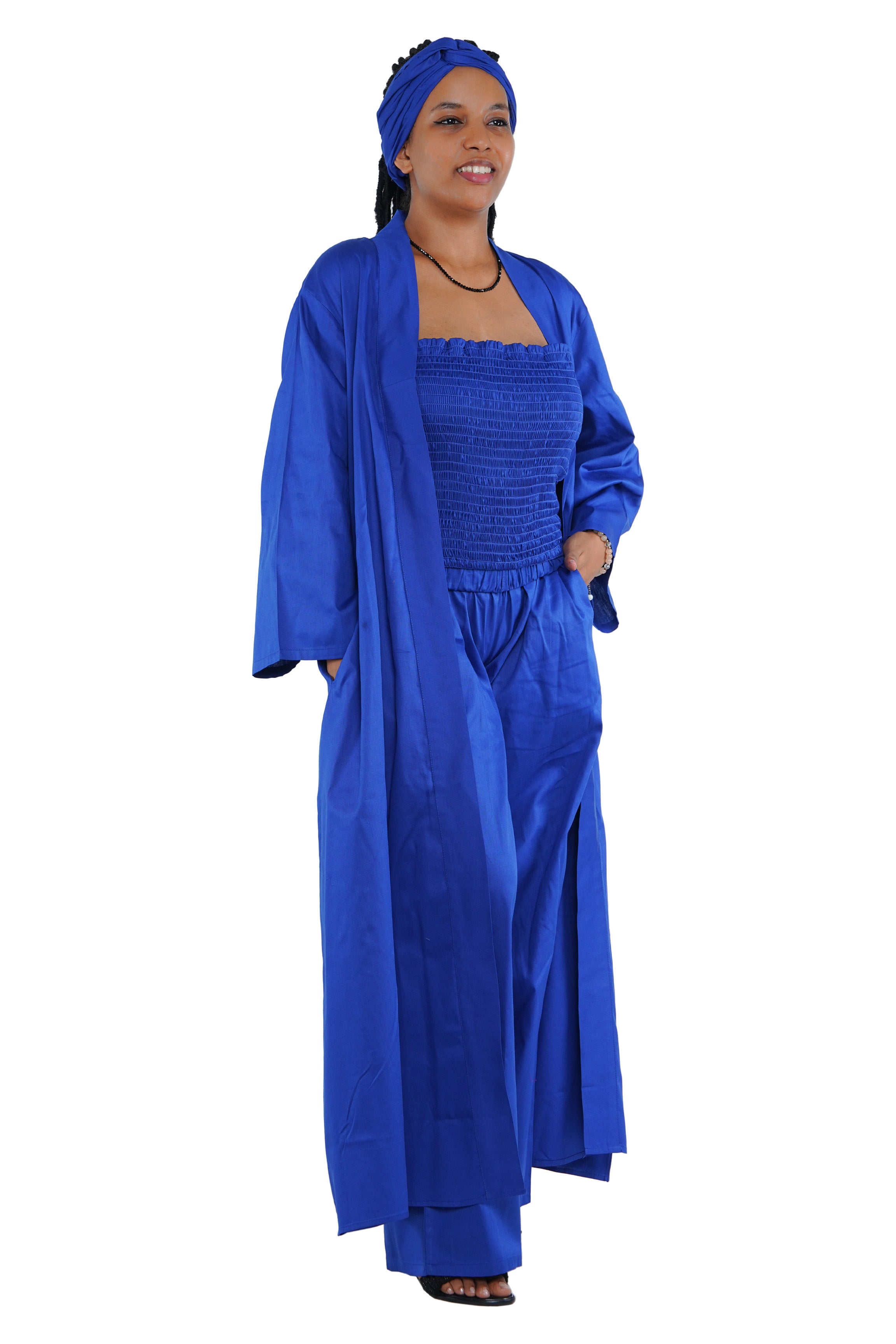 Blue 3-Piece Set for Women–Smocked Top, Pants, and Kimono with Head Wrap