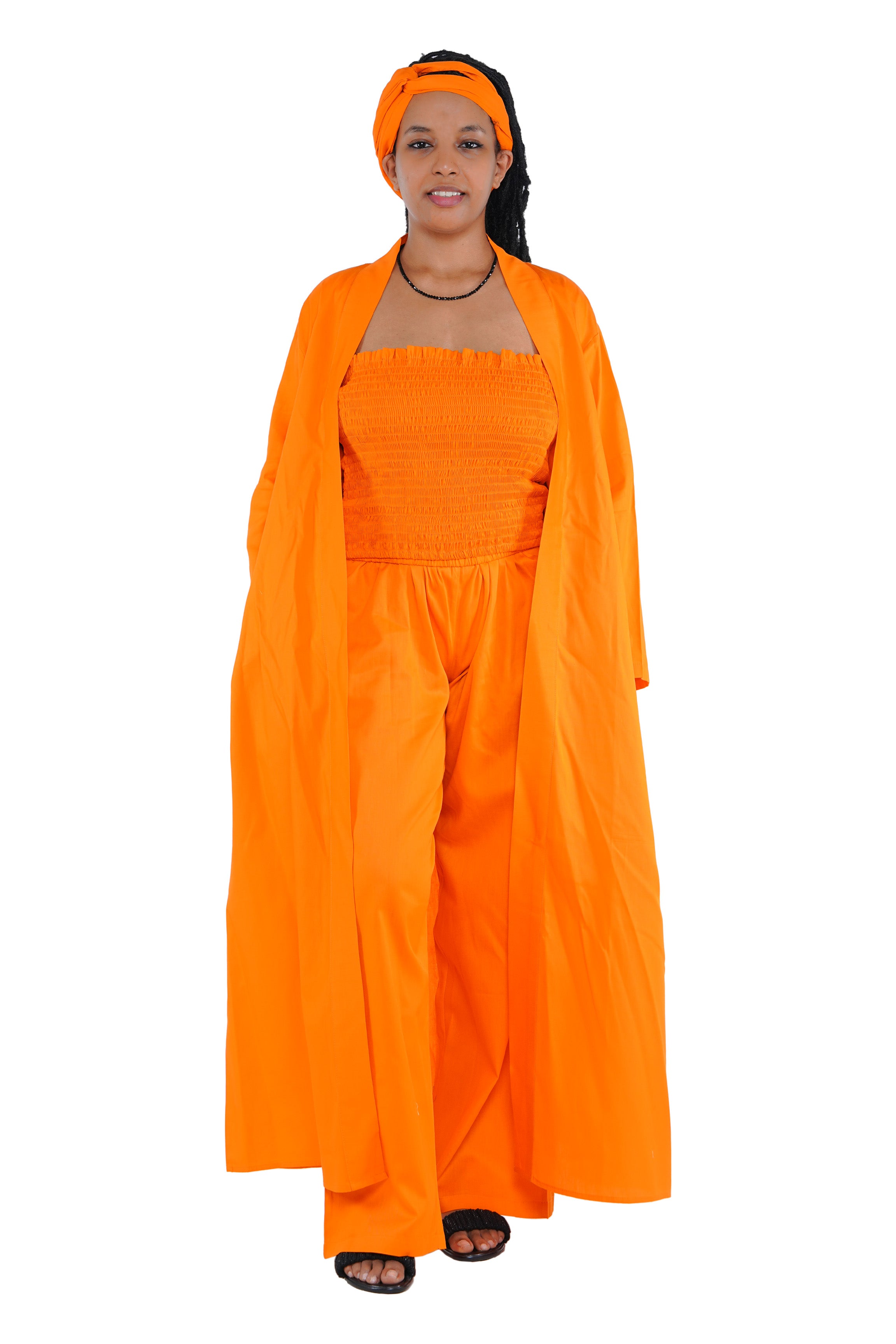 Orange 3-Piece Set for Women–Smocked Top, Pants, and Kimono with Head Wrap