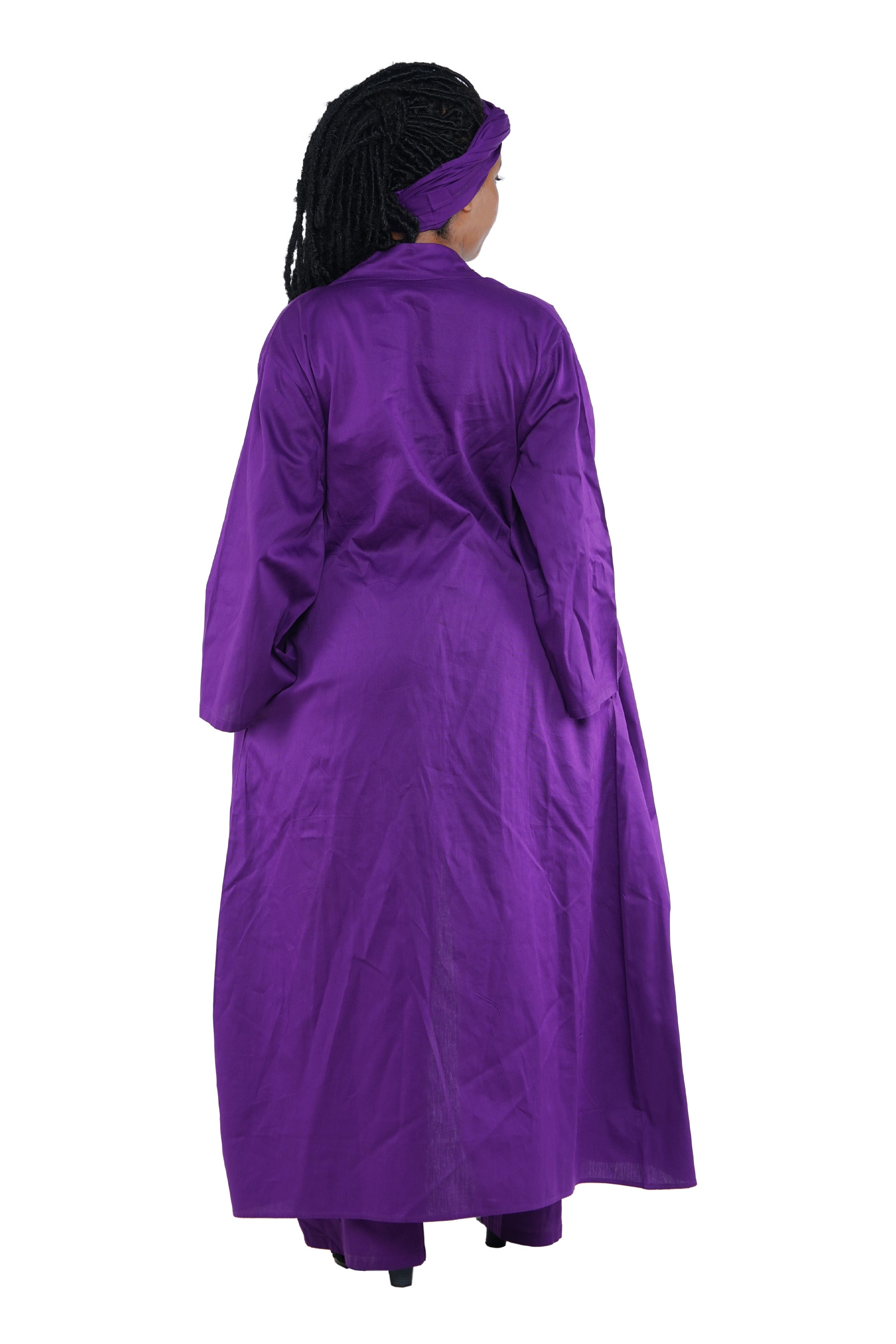 Purple 3-Piece Set for Women–Smocked Top, Pants, and Kimono with Head Wrap