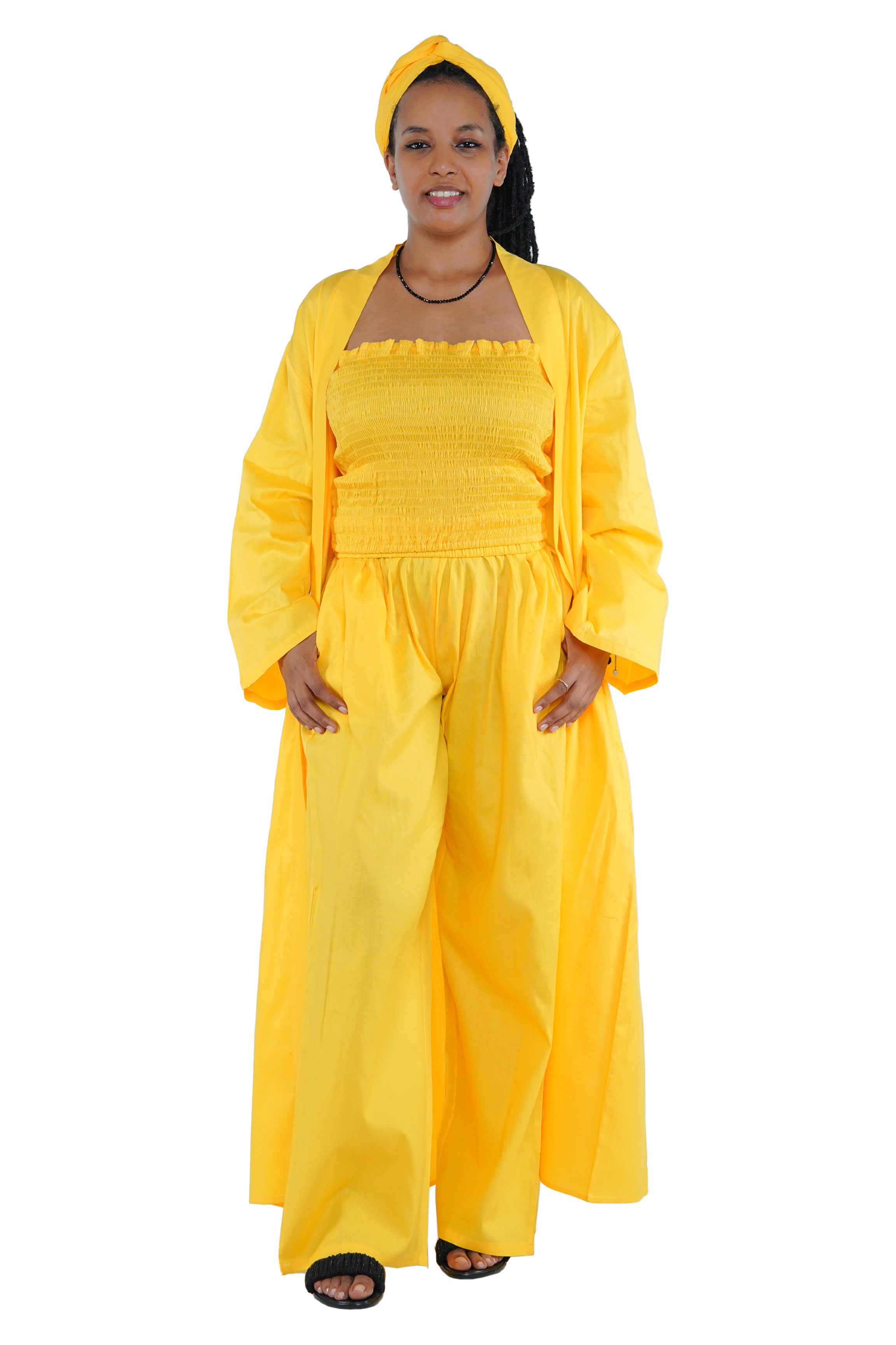 Yellow 3-Piece Set for Women–Smocked Top, Pants, and Kimono with Head Wrap