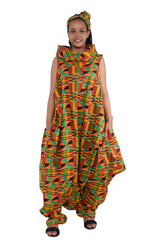 Elegant African woman wearing long high neck jumpsuit with matching headwrap in traditional print – 100% cotton, includes side pockets.
