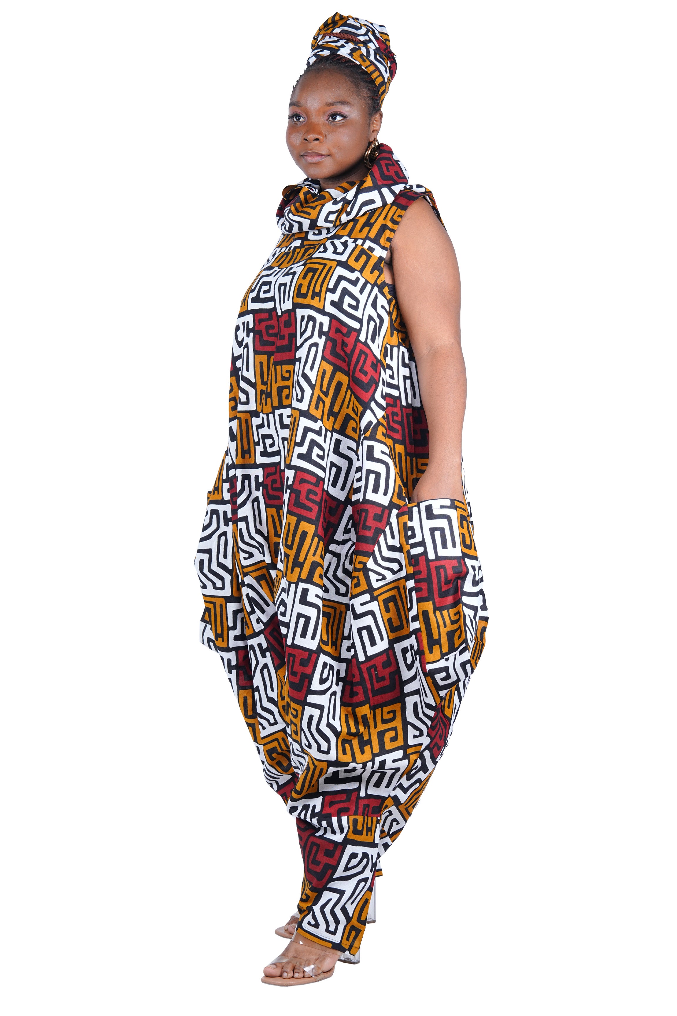 African Long High Neck Jumpsuit with Headwrap – 100% Cotton, Pockets