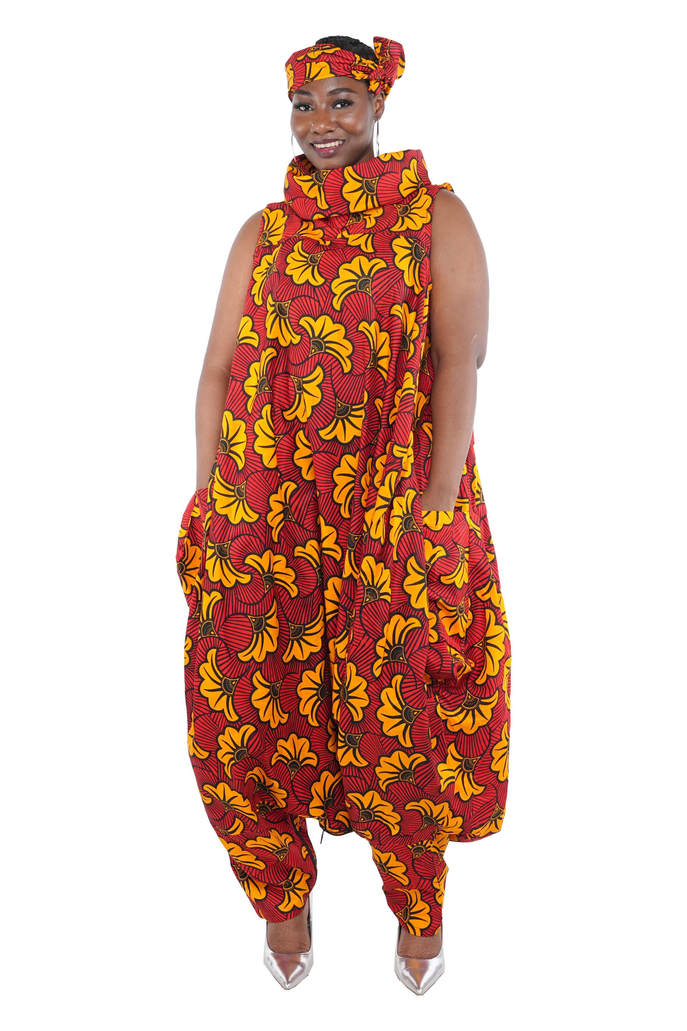 African Long High Neck Jumpsuit with Headwrap – 100% Cotton, Pockets